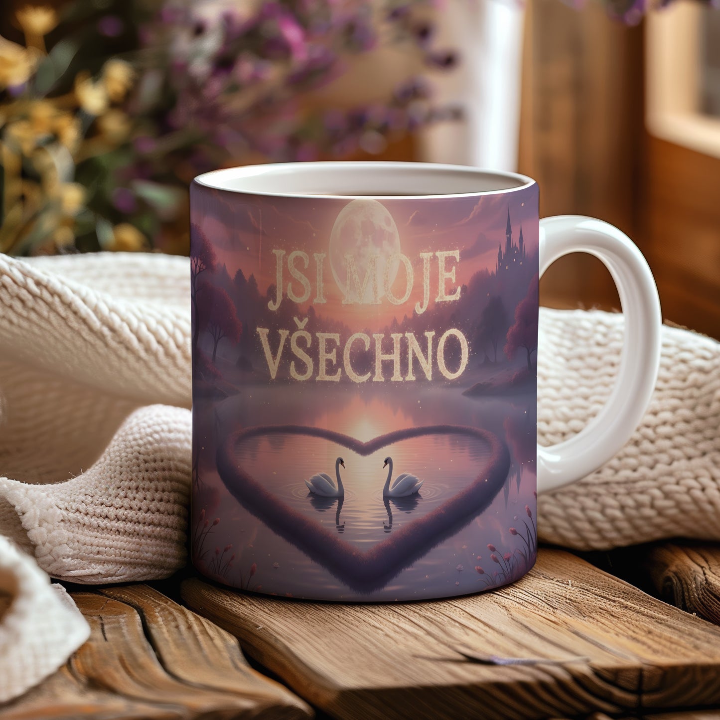 Hrnek s labutěmi a měsícem v pastelových barvách.