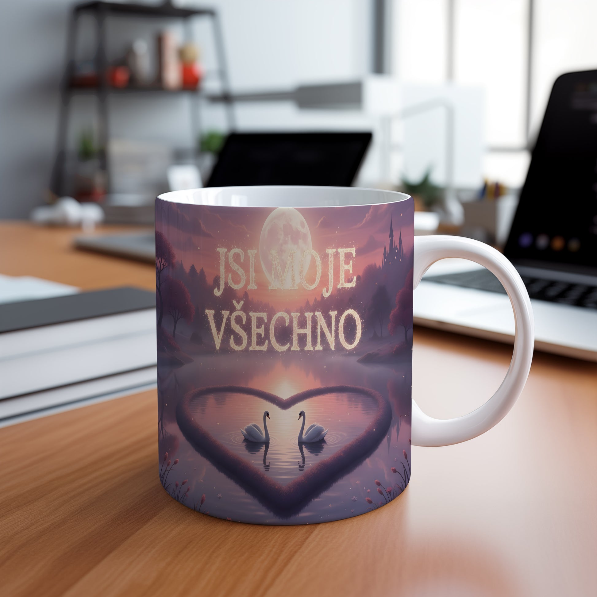 Hrnek s labutěmi a měsícem v pastelových barvách.