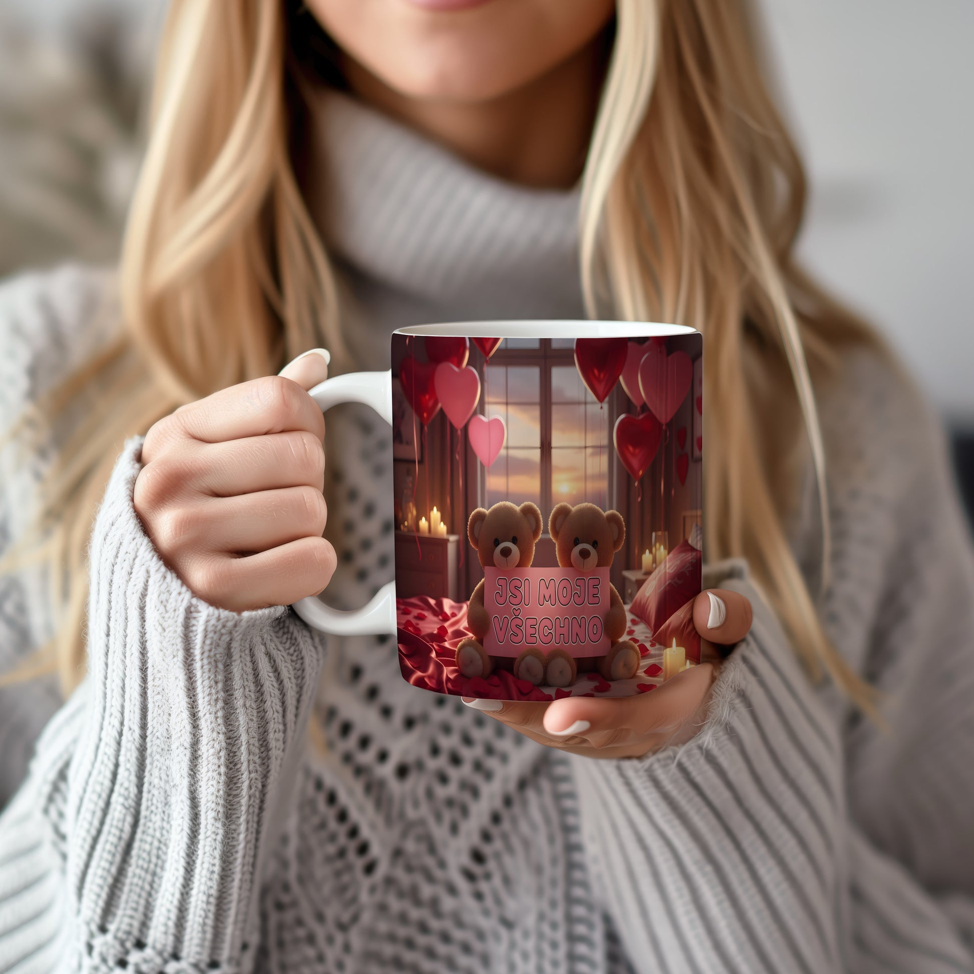 Romantický hrnek s medvídky a srdci na pozadí okna.