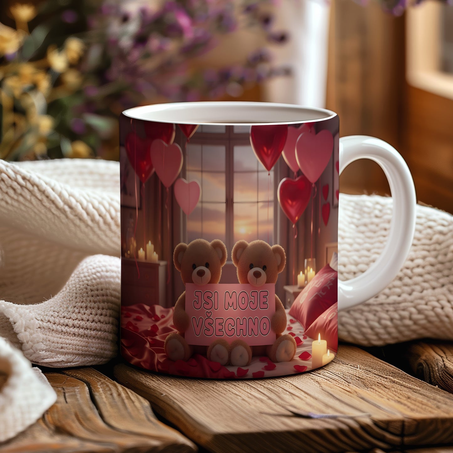 Romantický hrnek s medvídky a srdci na pozadí okna.