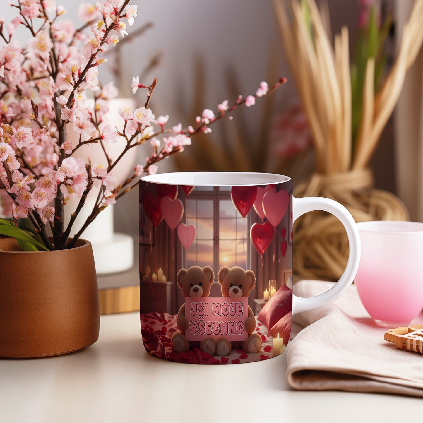 Romantický hrnek s medvídky a srdci na pozadí okna.