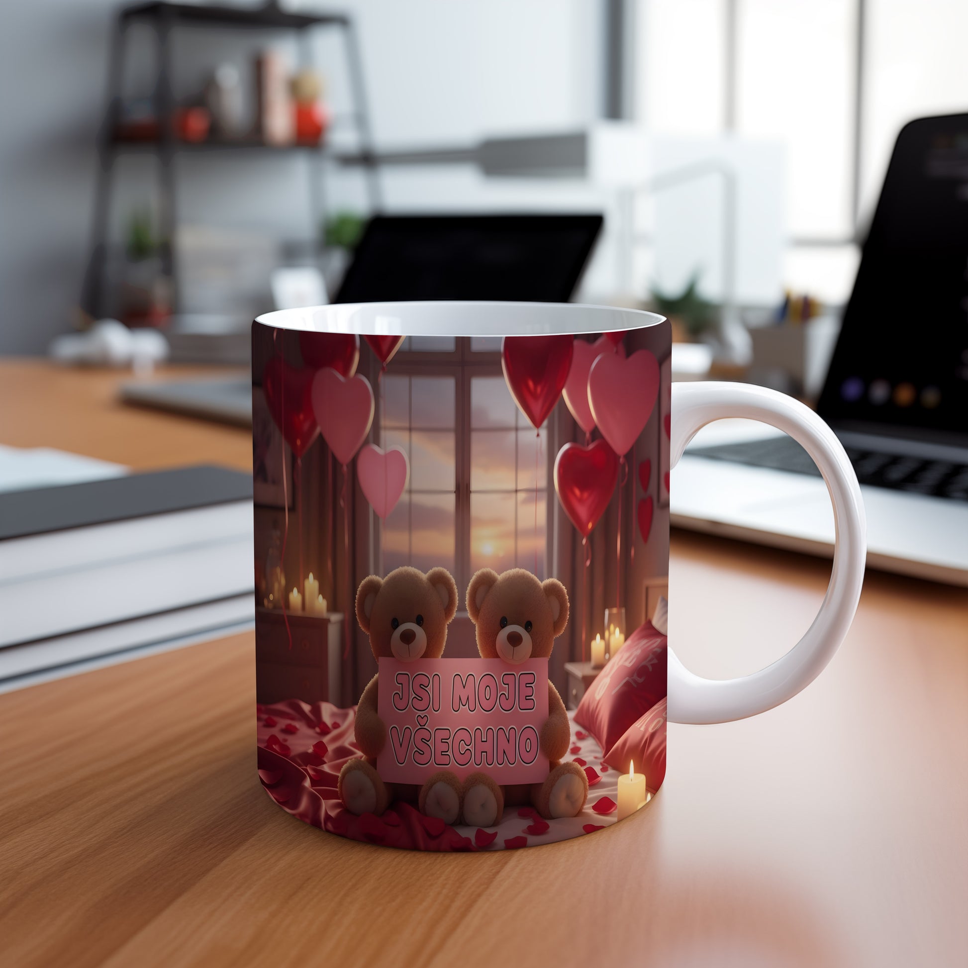 Romantický hrnek s medvídky a srdci na pozadí okna.