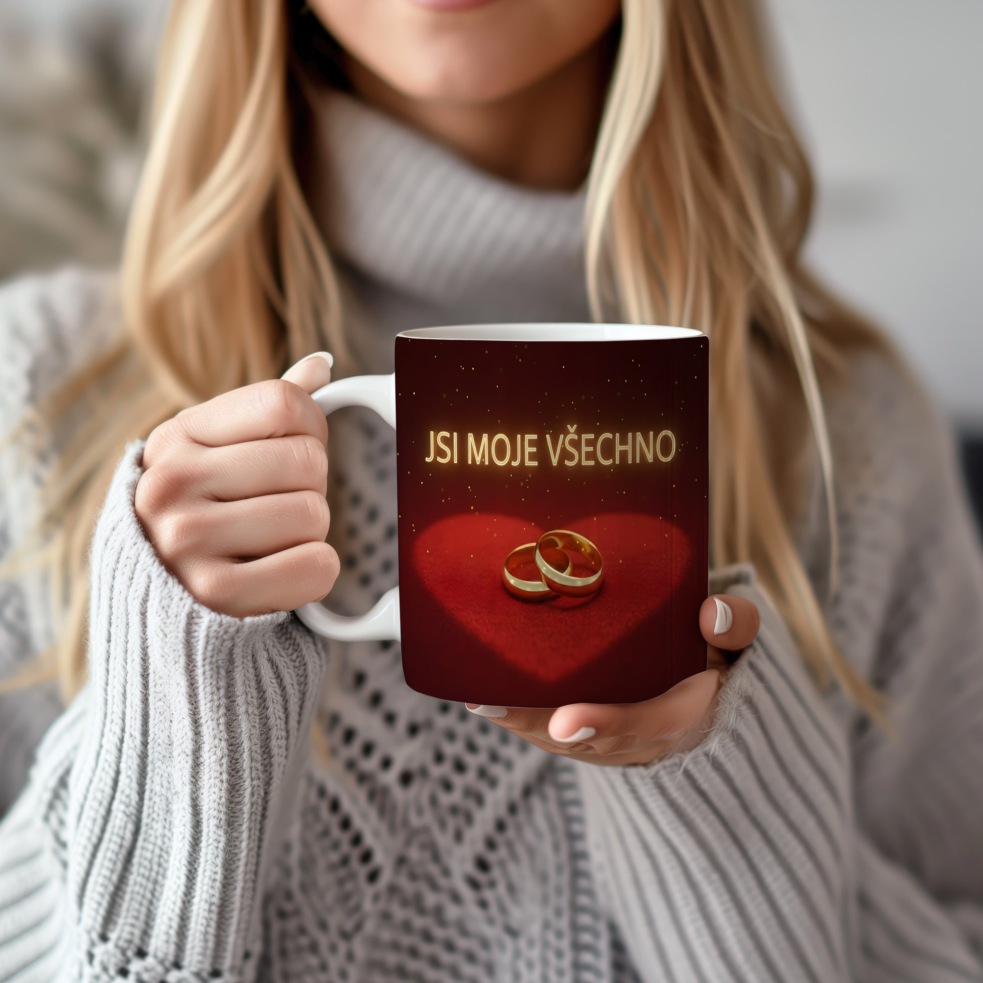 Červený hrnek s nápisem JSI MOJE VŠECHNO a zlatými prsteny na sametovém srdci.