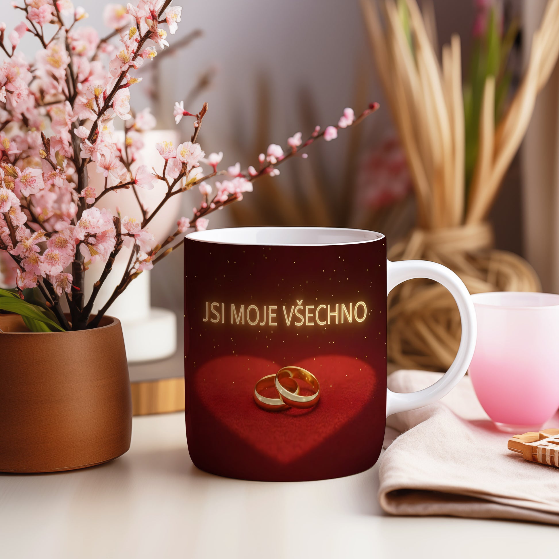 Červený hrnek s nápisem JSI MOJE VŠECHNO a zlatými prsteny na sametovém srdci.