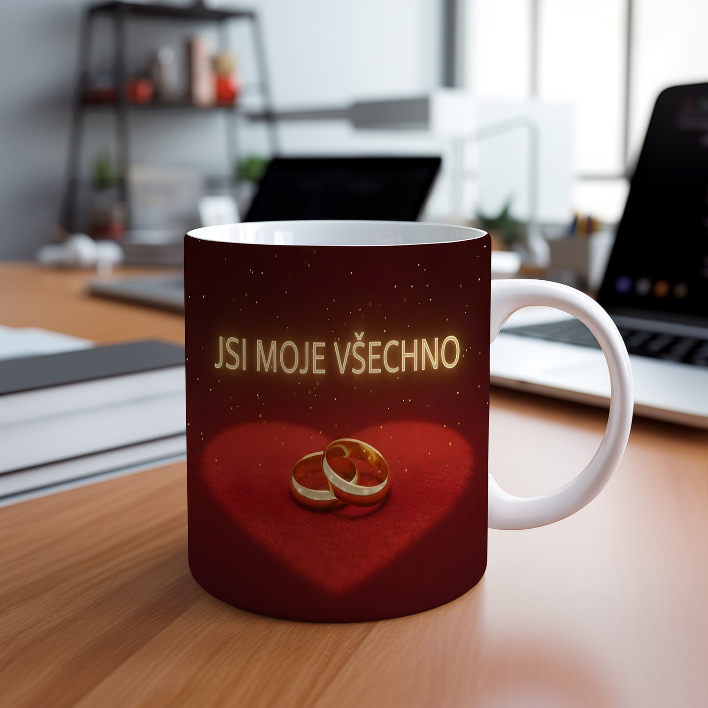 Červený hrnek s nápisem JSI MOJE VŠECHNO a zlatými prsteny na sametovém srdci.