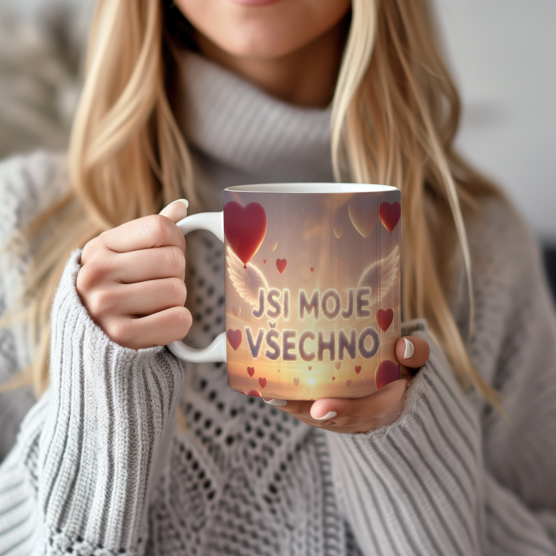 Hrnek s nápisem JSI MOJE VŠECHNO a motivem západu slunce.