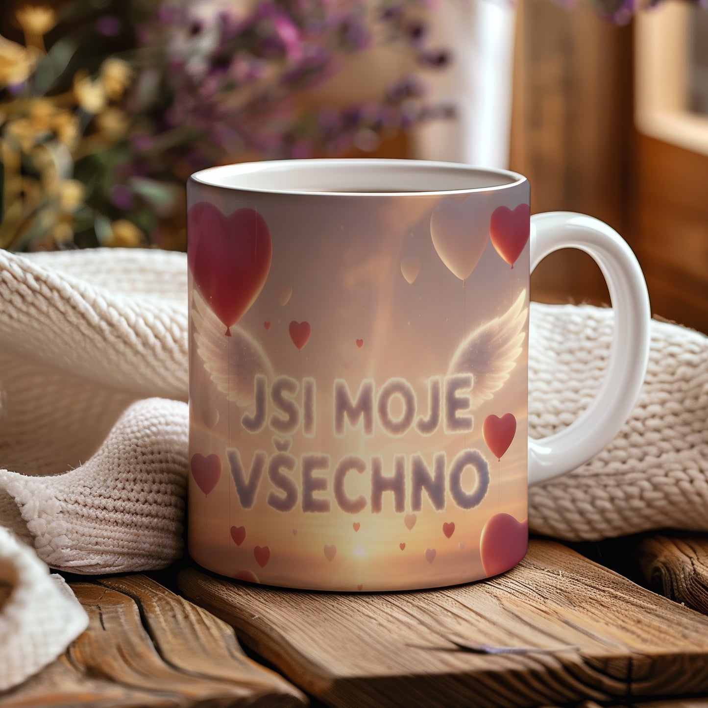 Hrnek s nápisem JSI MOJE VŠECHNO a motivem západu slunce.