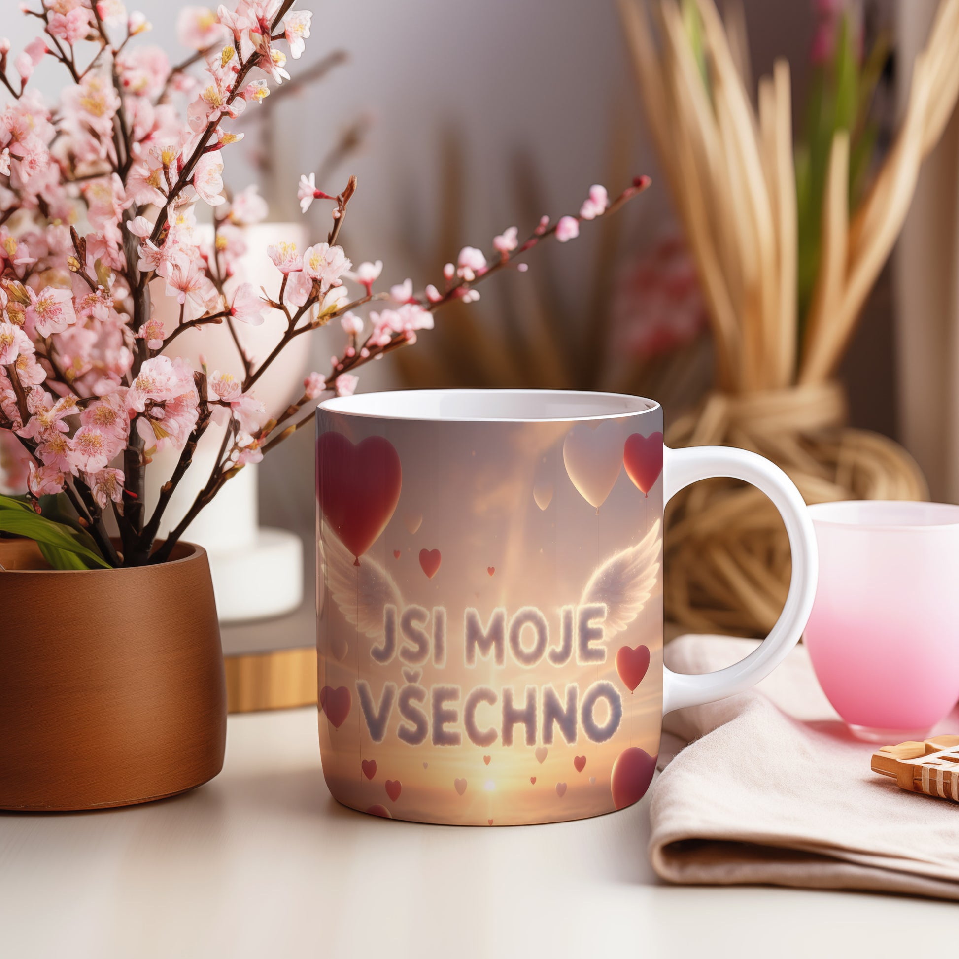 Hrnek s nápisem JSI MOJE VŠECHNO a motivem západu slunce.