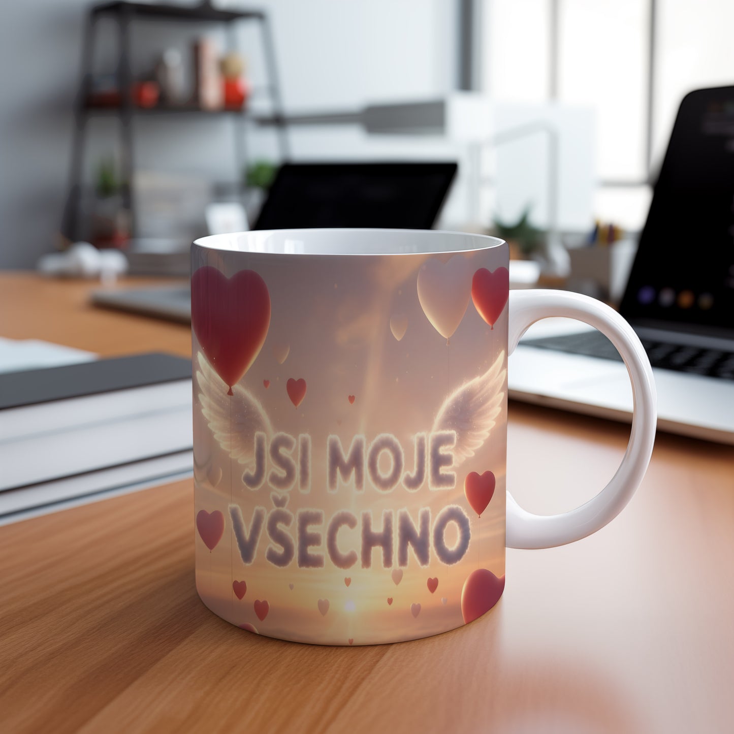 Hrnek s nápisem JSI MOJE VŠECHNO a motivem západu slunce.