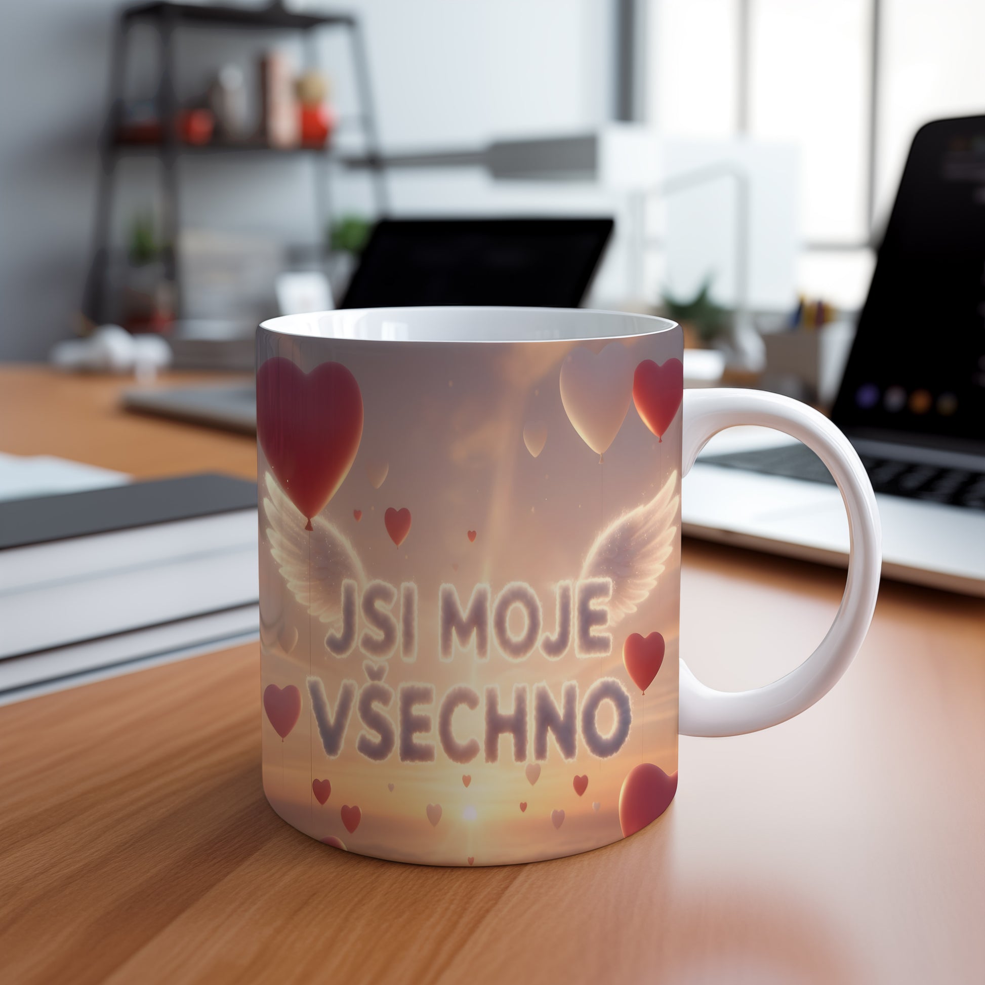 Hrnek s nápisem JSI MOJE VŠECHNO a motivem západu slunce.