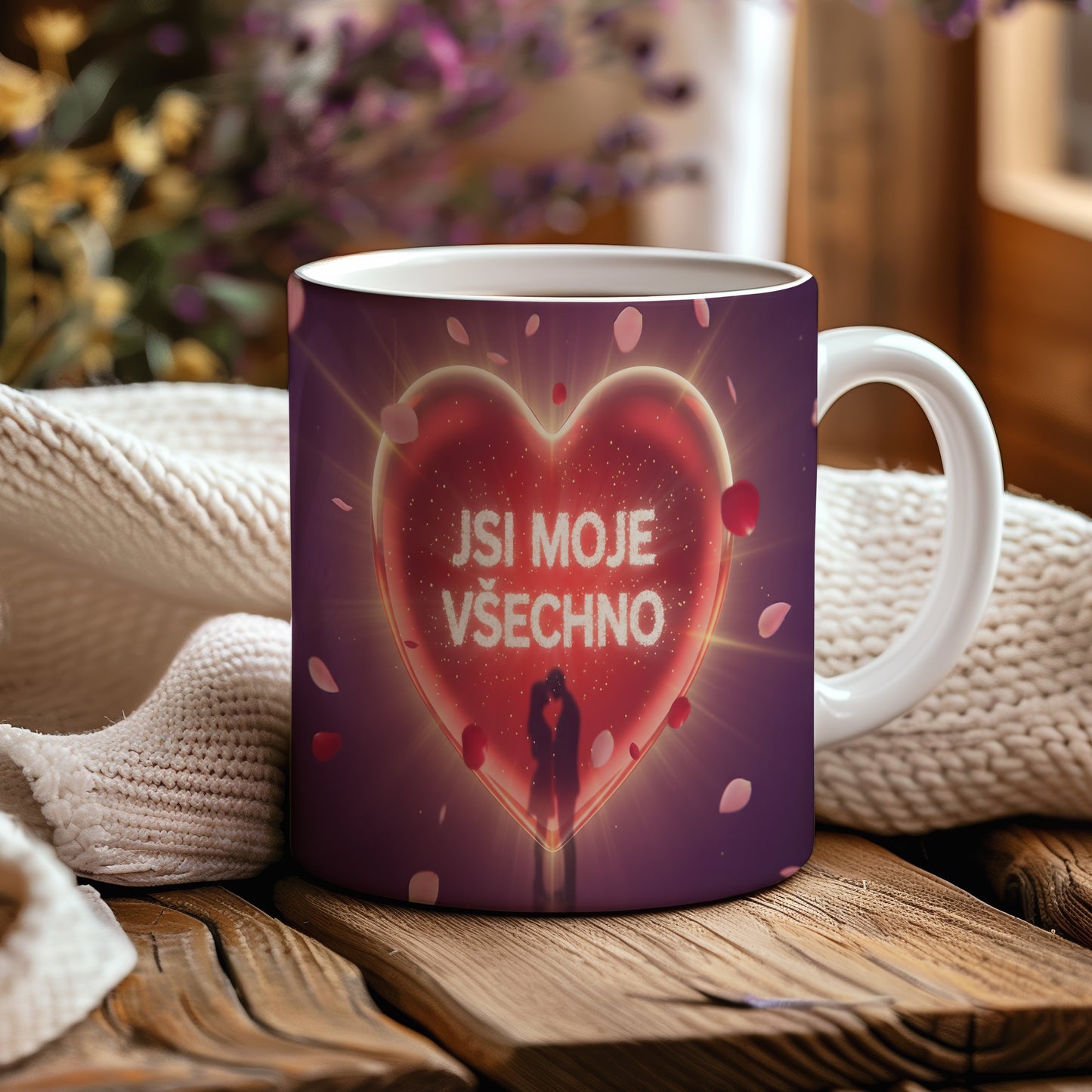 Hrnek s červeným srdcem a textem JSI MOJE VŠECHNO.