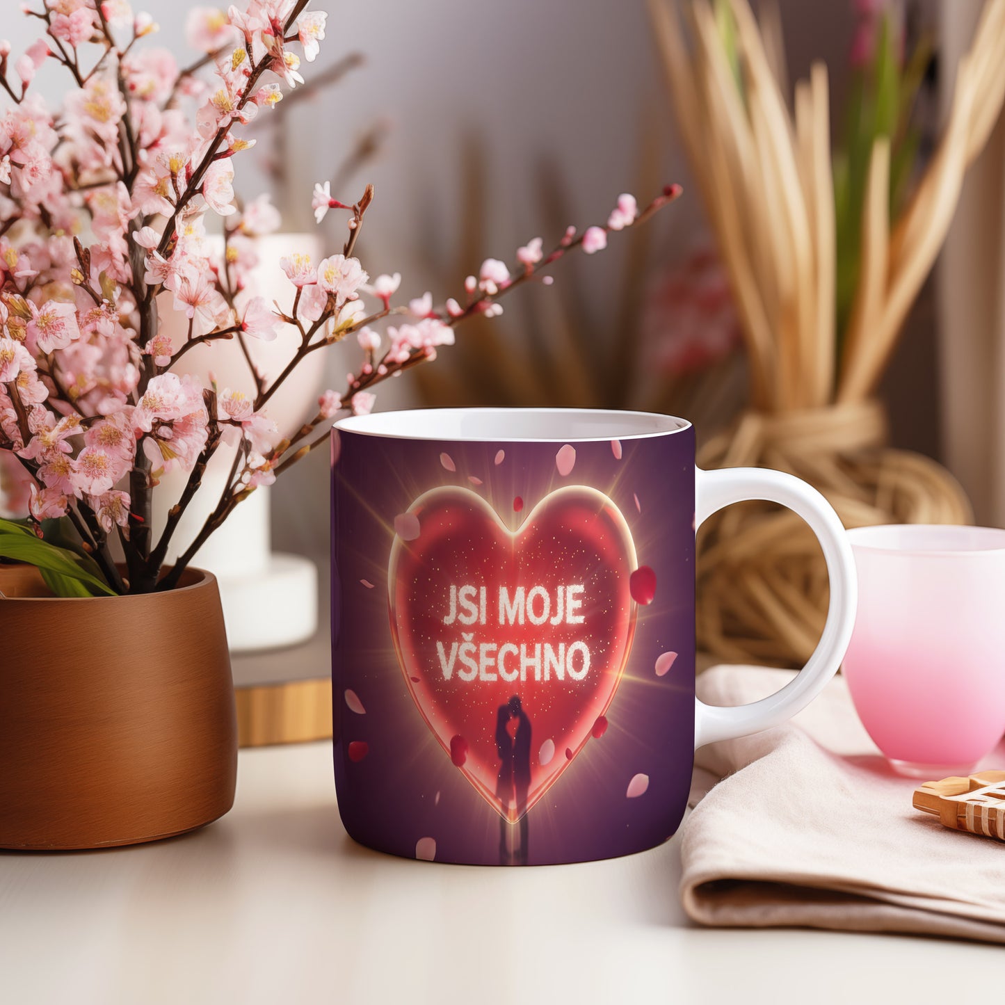 Hrnek s červeným srdcem a textem JSI MOJE VŠECHNO.