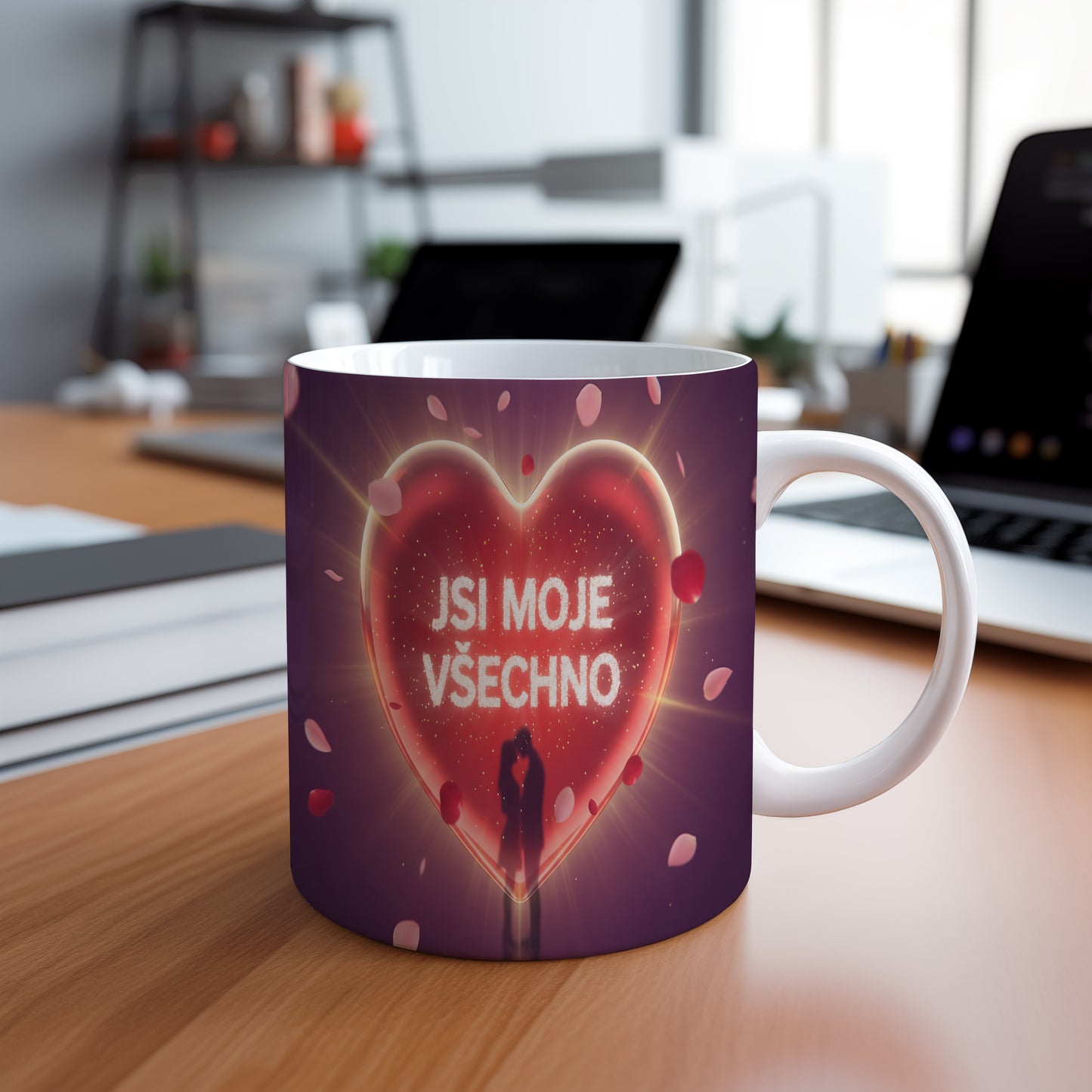 Hrnek s červeným srdcem a textem JSI MOJE VŠECHNO.