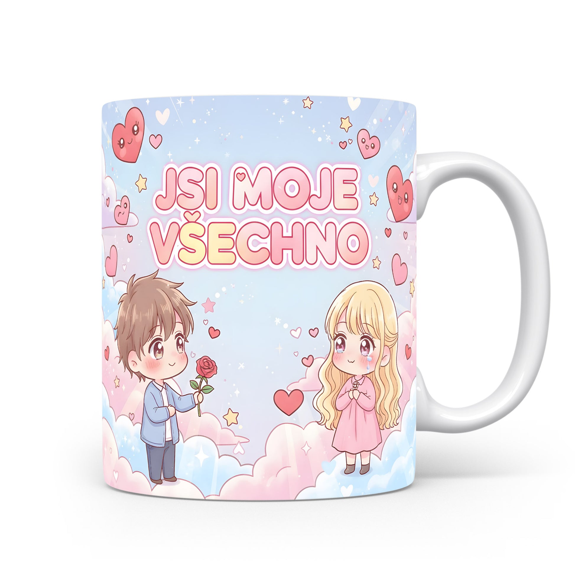 Roztomilý hrnek s pastelovým motivem srdcí a hvězd.