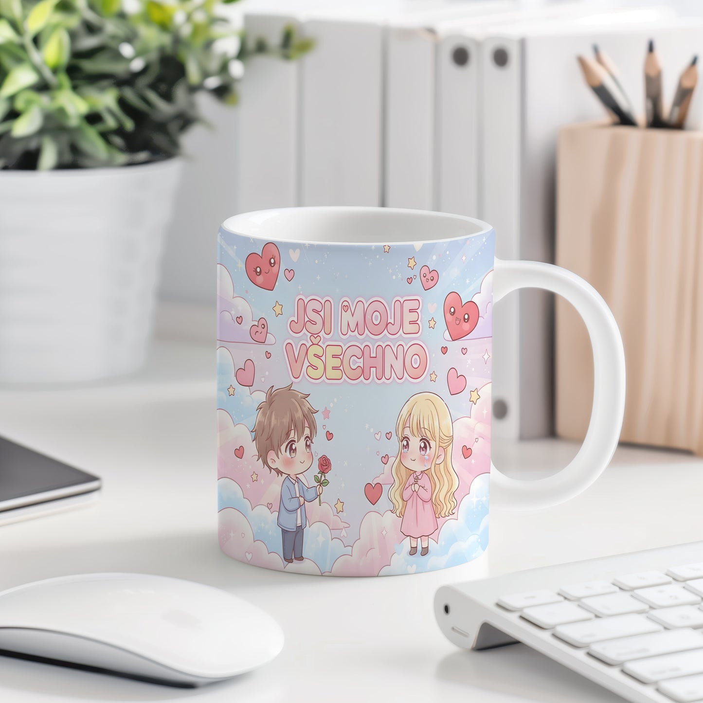 Roztomilý hrnek s pastelovým motivem srdcí a hvězd.