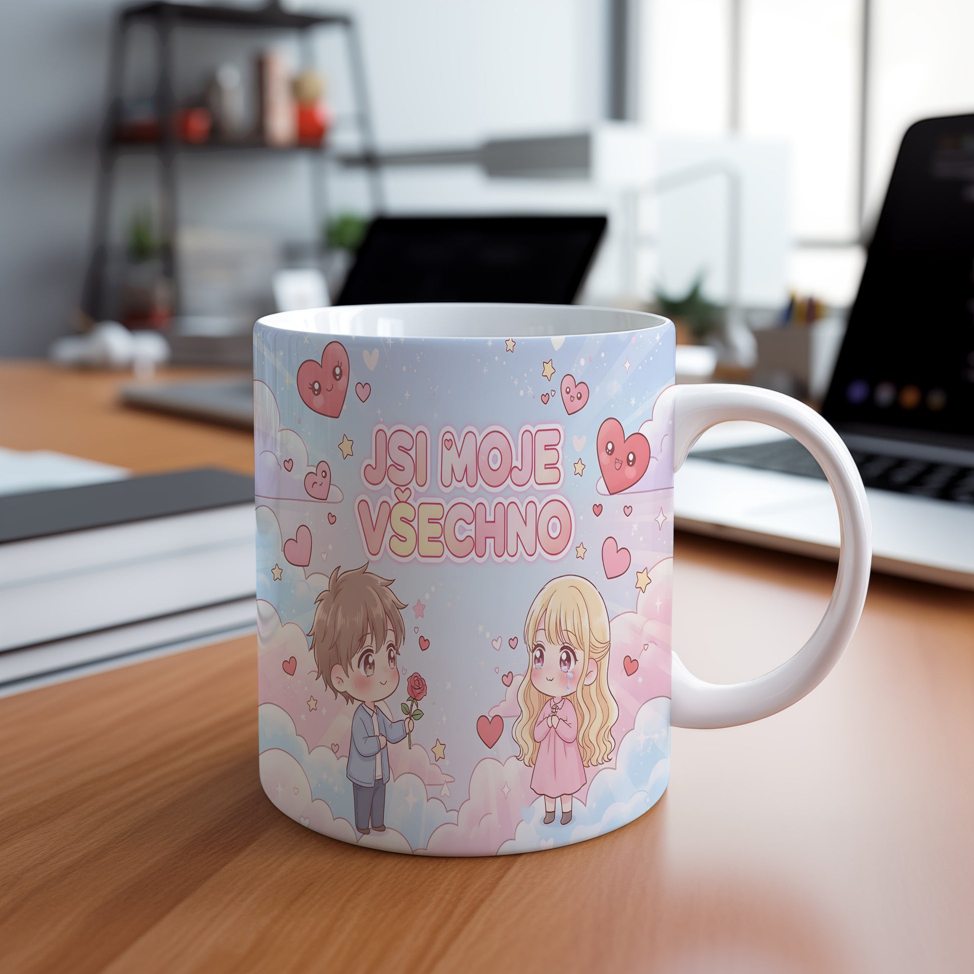 Roztomilý hrnek s pastelovým motivem srdcí a hvězd.
