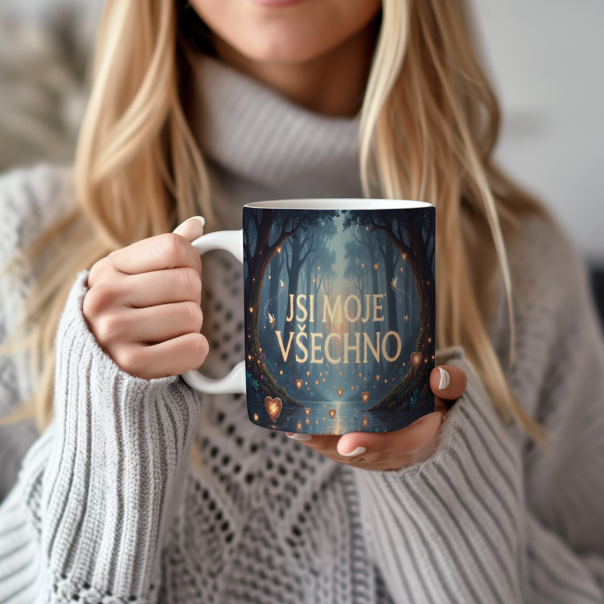 Hrnček s nápisem JSI MOJE VŠECHNO v pohádkové lesní krajině.