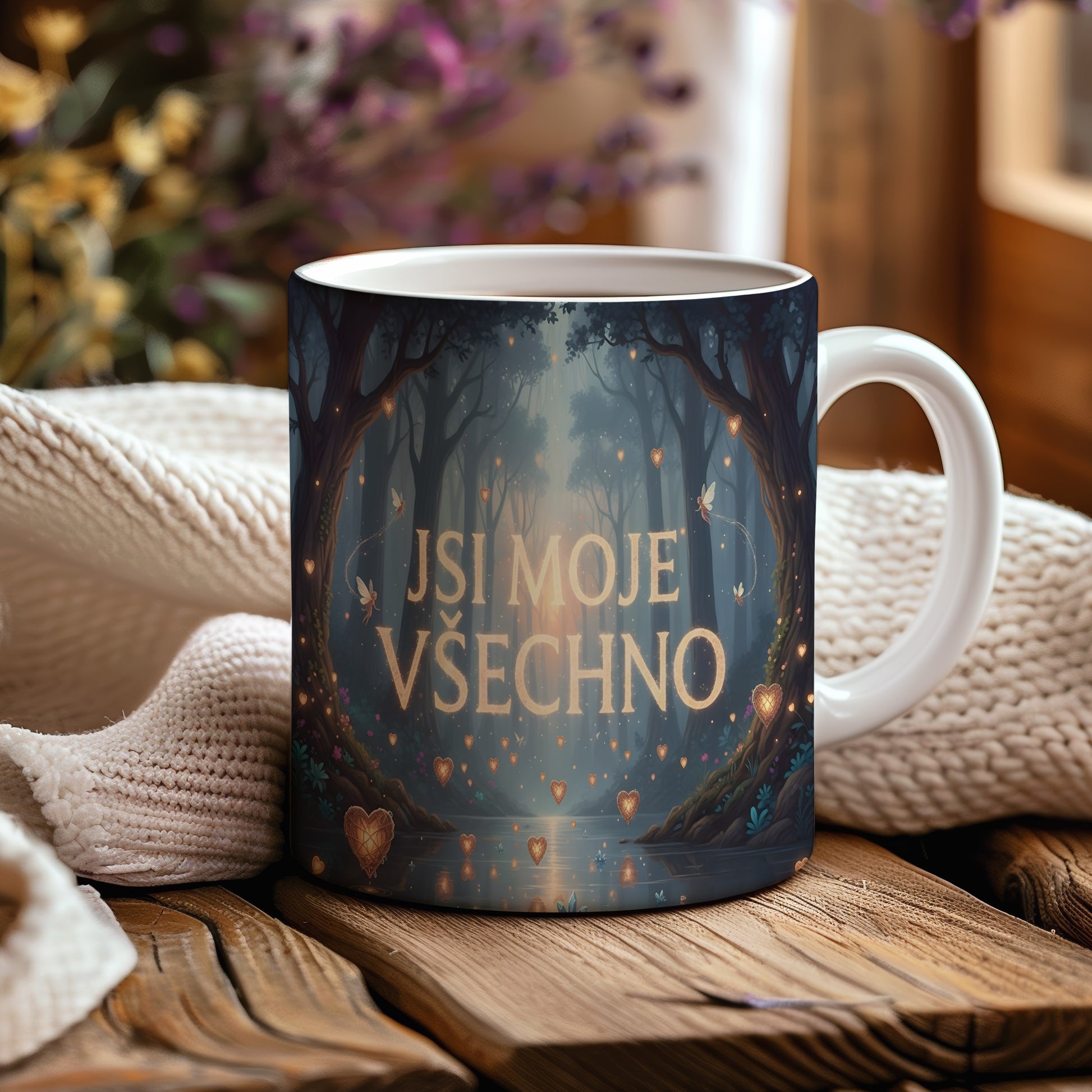 Hrnček s nápisem JSI MOJE VŠECHNO v pohádkové lesní krajině.