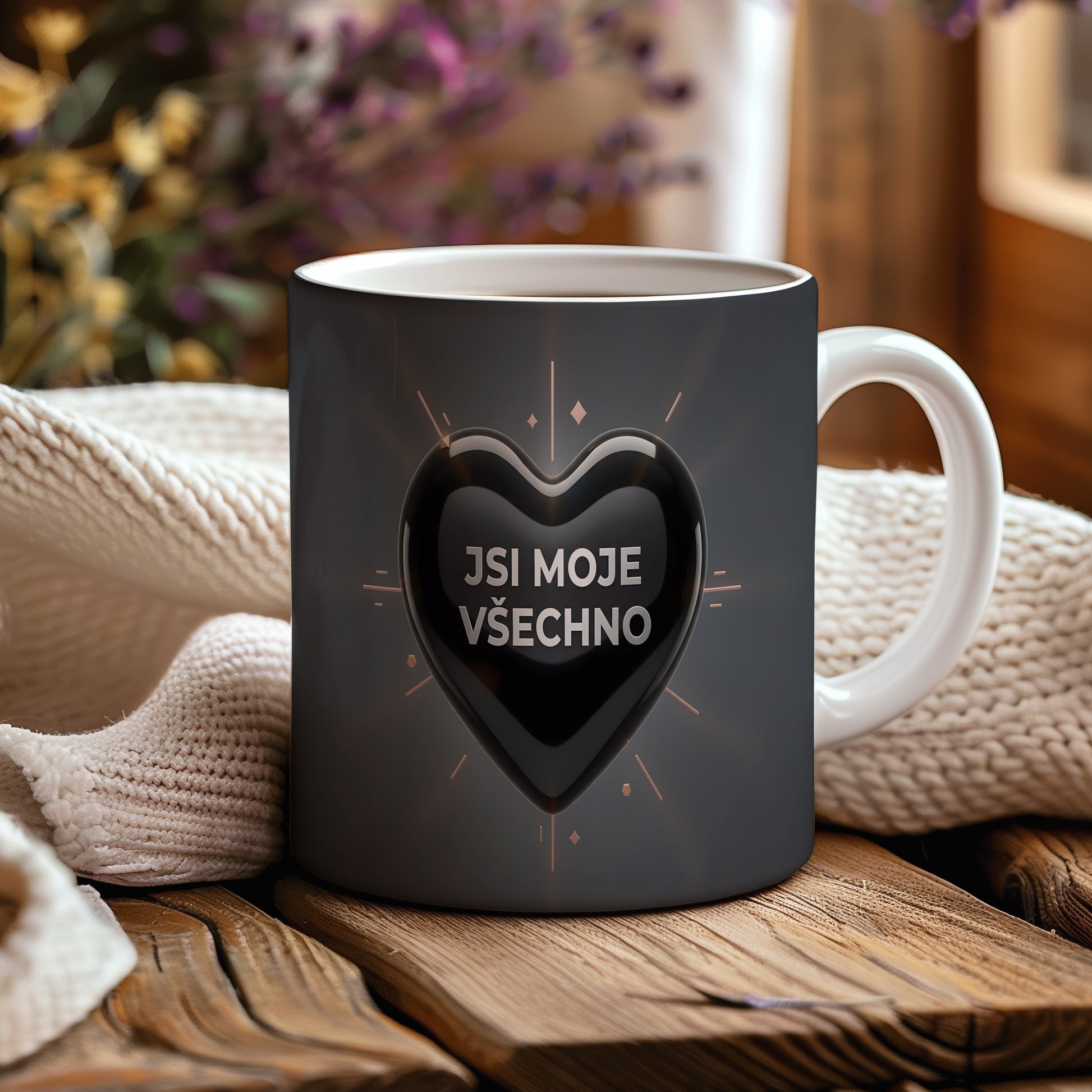 Černý hrnek s nápisem JSI MOJE VŠECHNO a srdcem.