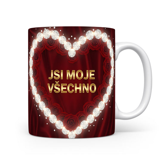 Romantický hrnek s červeným srdcem, růžemi a diamanty.