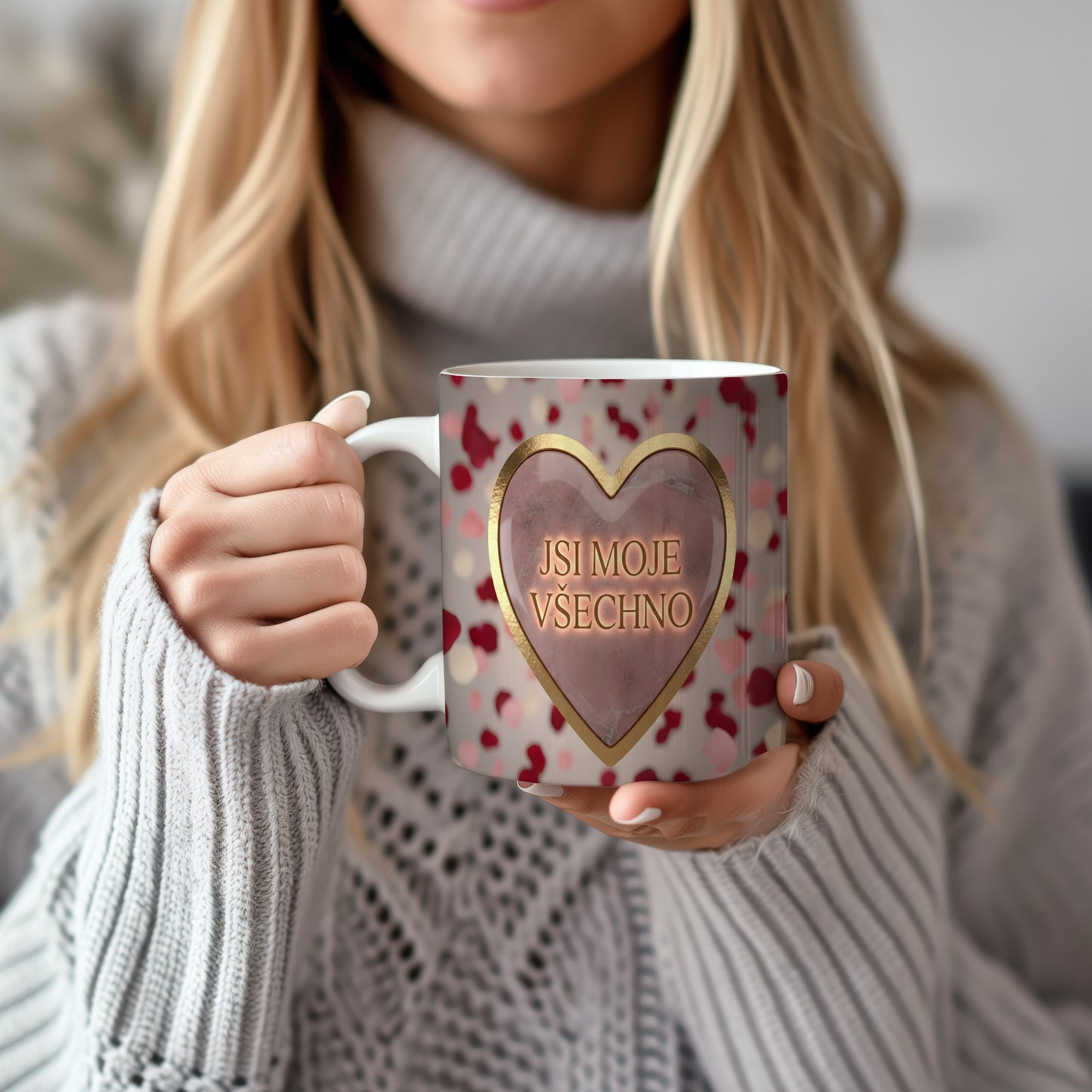 Hrnek s růžovým srdcem a nápisem JSI MOJE VŠECHNO.