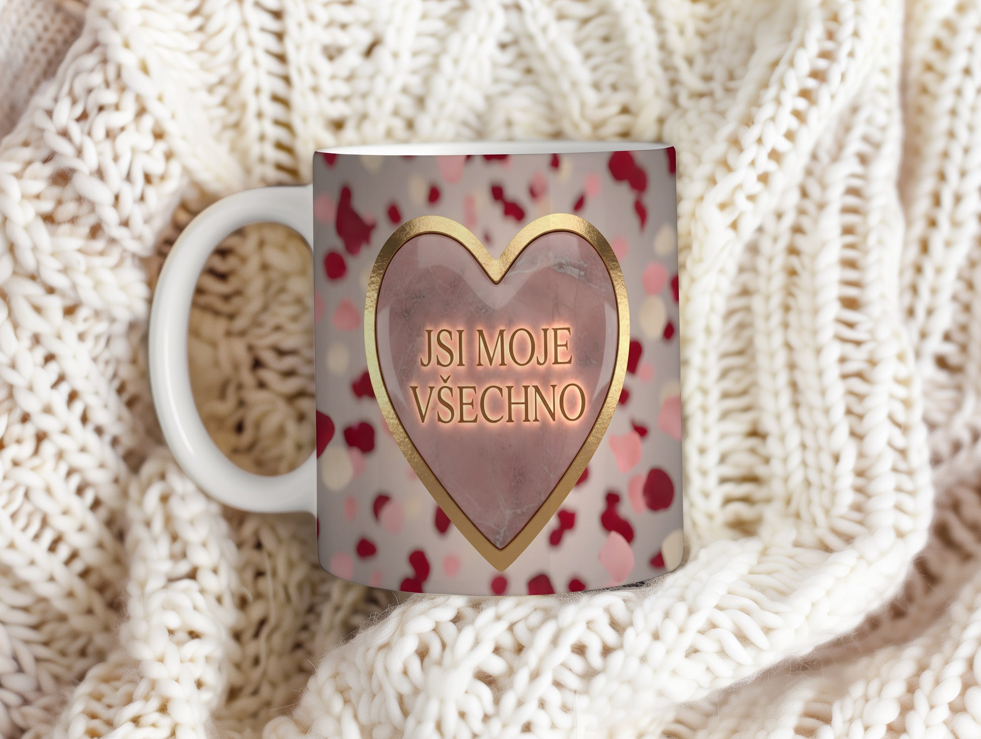 Hrnek s růžovým srdcem a nápisem JSI MOJE VŠECHNO.