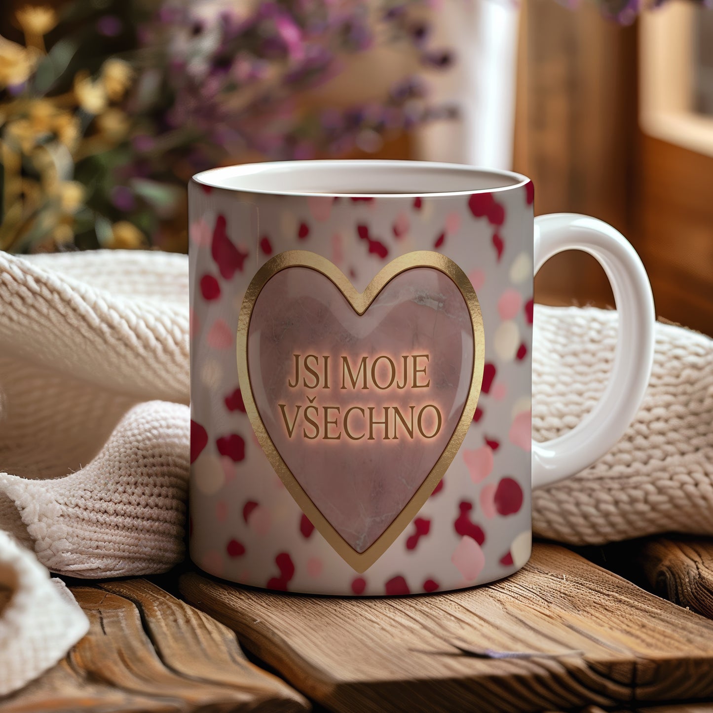 Hrnek s růžovým srdcem a nápisem JSI MOJE VŠECHNO.