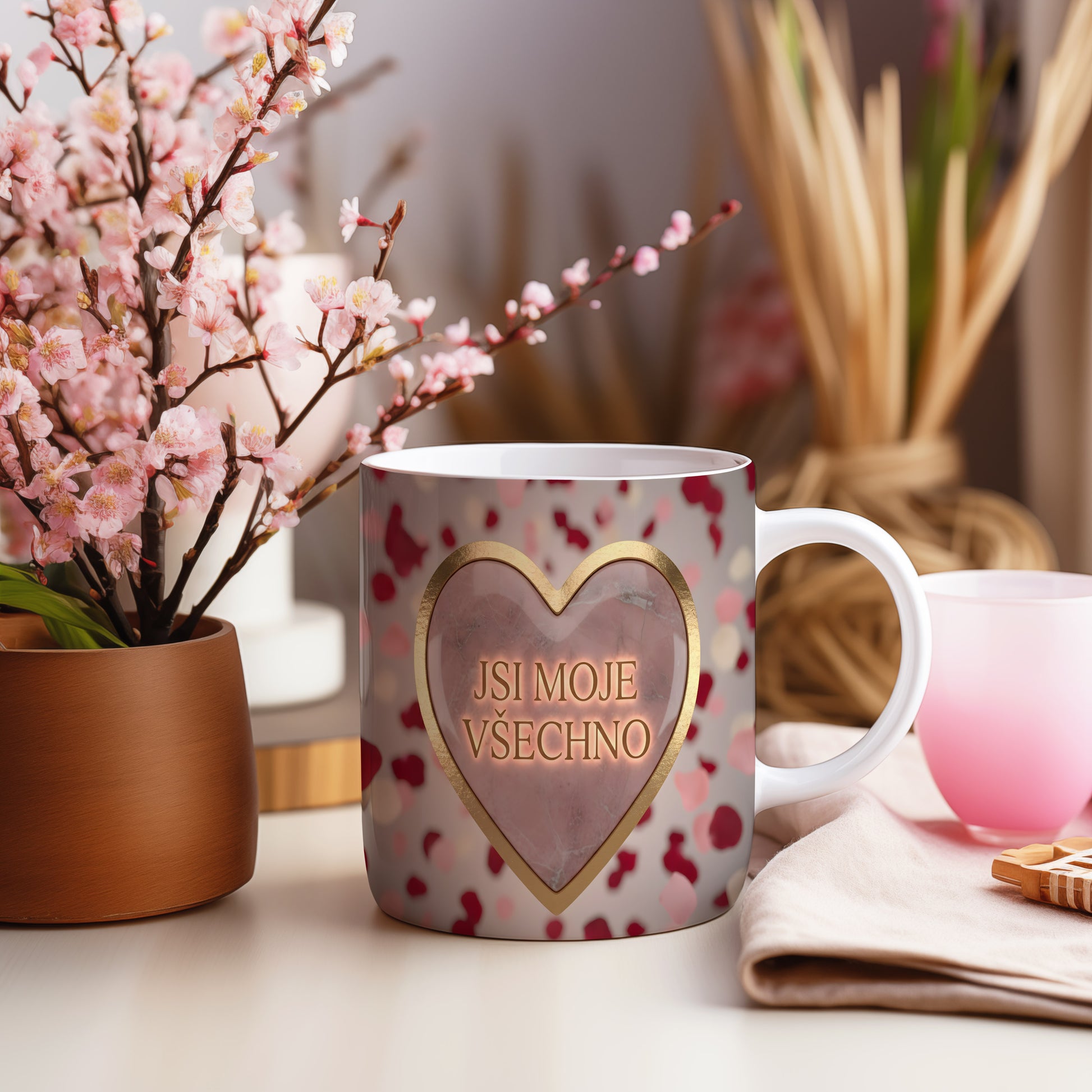 Hrnek s růžovým srdcem a nápisem JSI MOJE VŠECHNO.