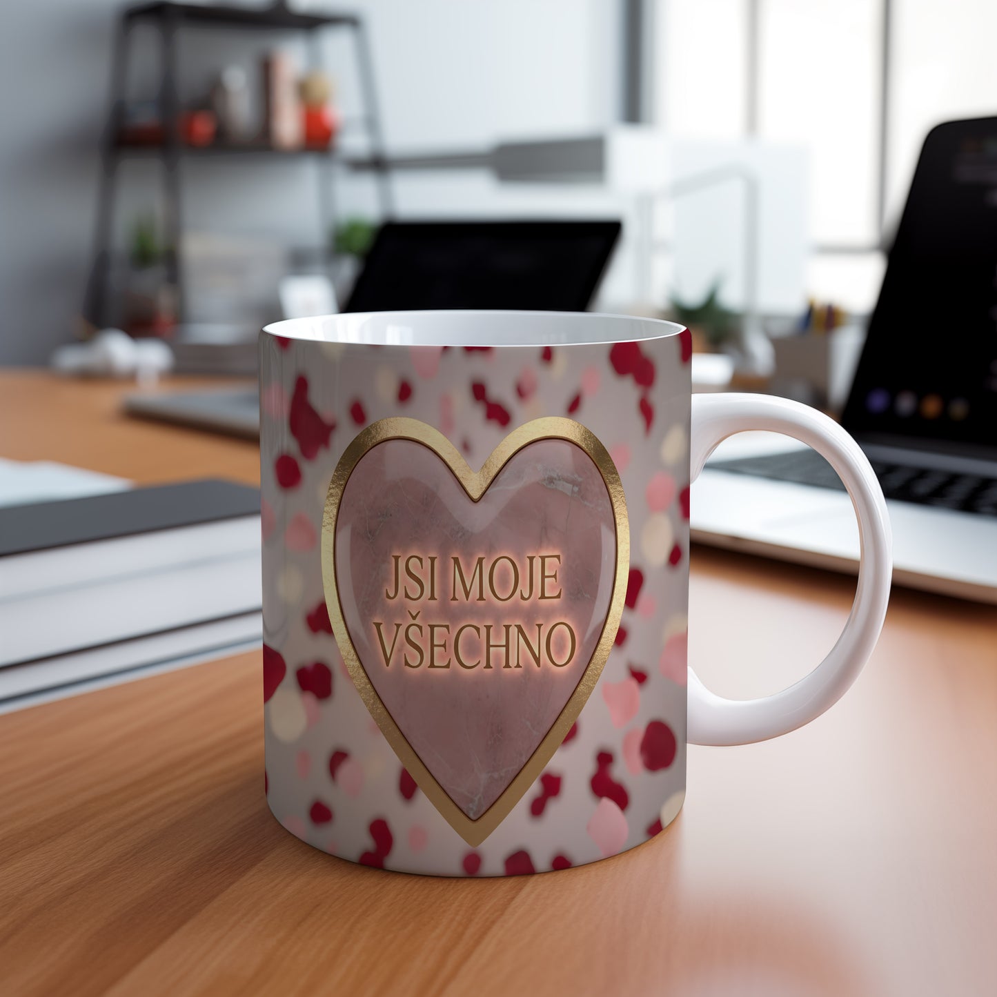 Hrnek s růžovým srdcem a nápisem JSI MOJE VŠECHNO.