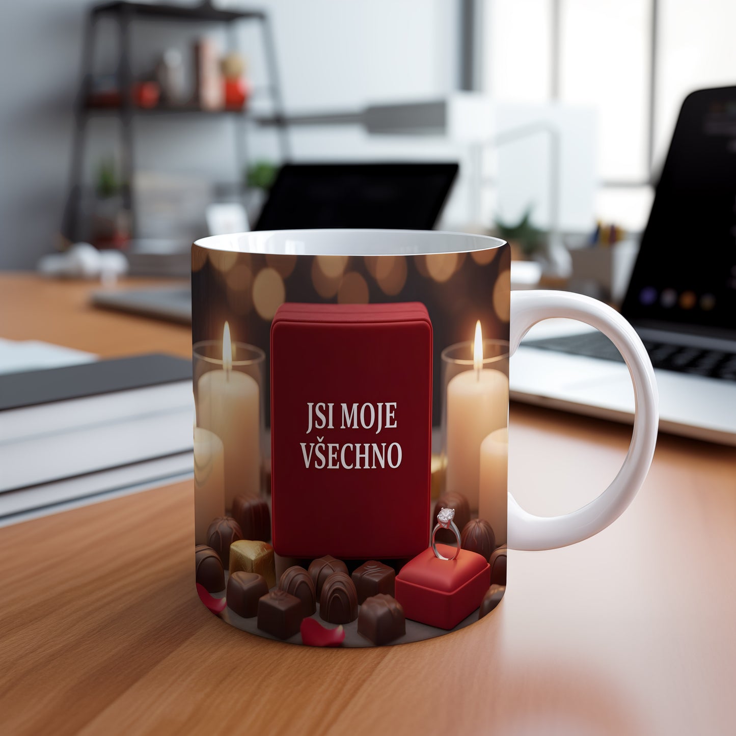Romantický hrnek s nápisem JSI MOJE VŠECHNO, čokoládami a svíčkami.