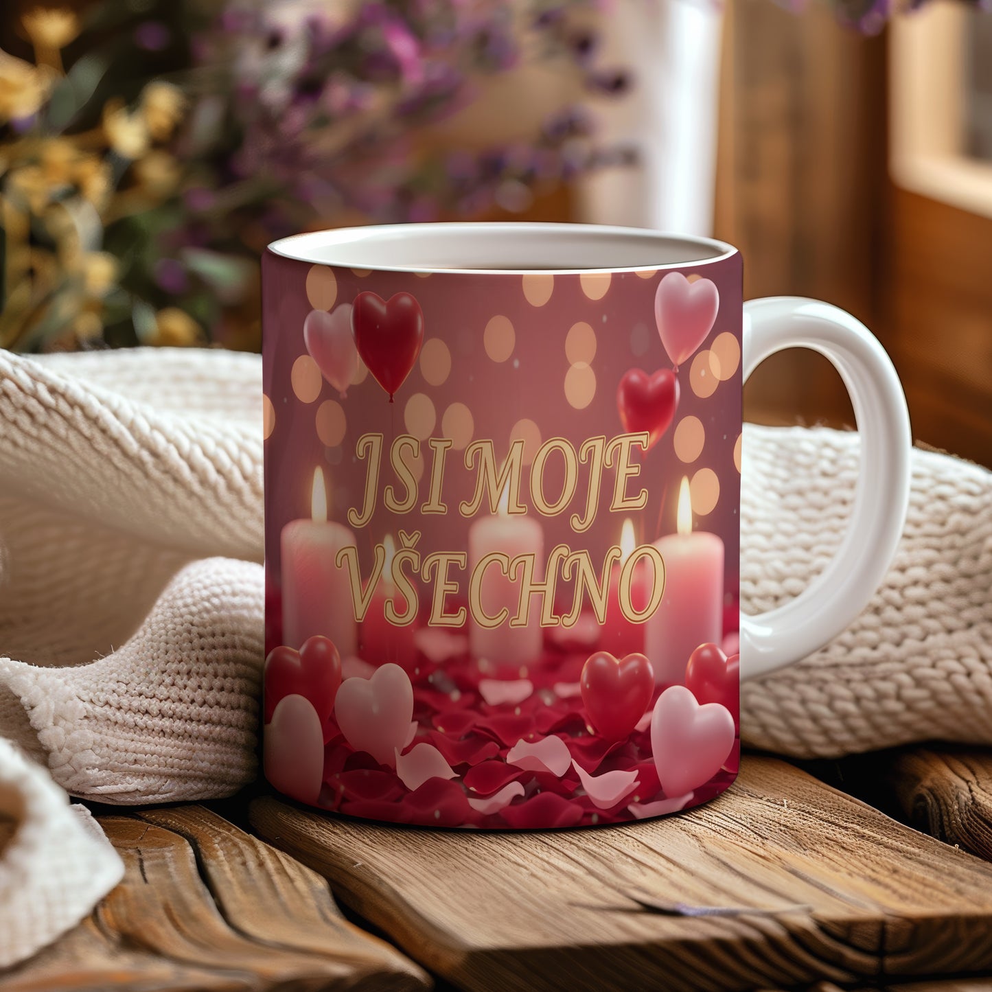 Romantický hrnek s nápisem JSI MOJE VŠECHNO, srdci a svíčkami.