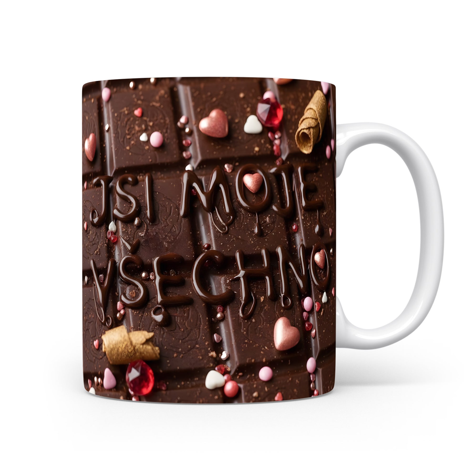 Hrnek s čokoládovým motivem a nápisem Jsi moje všechno.