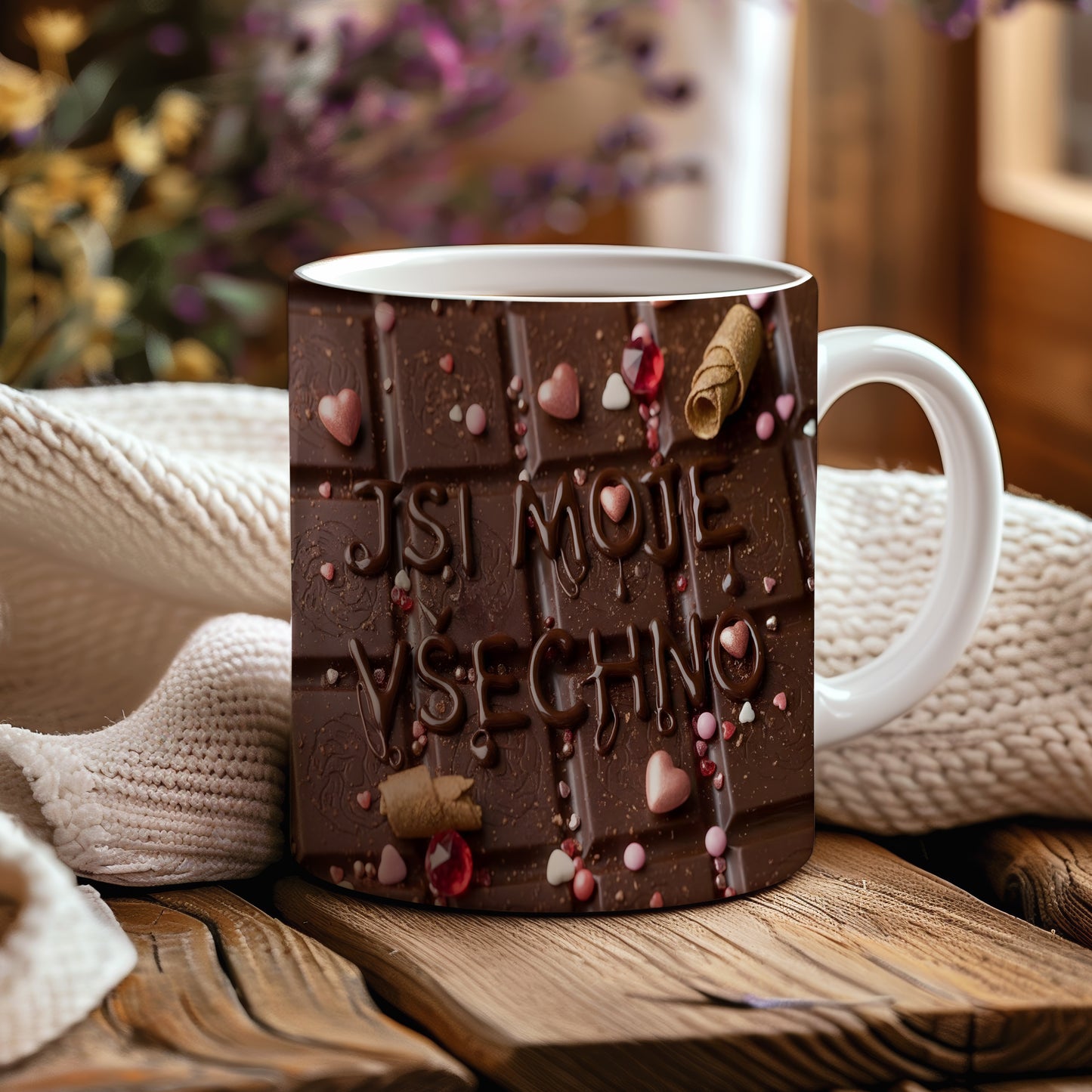 Hrnek s čokoládovým motivem a nápisem Jsi moje všechno.