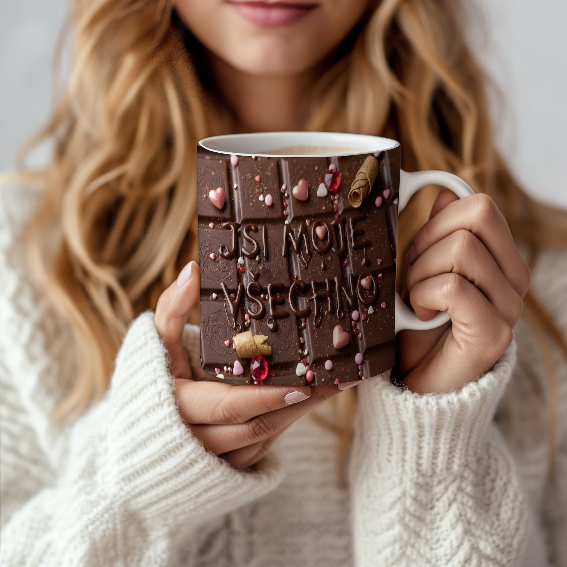 Hrnek s čokoládovým motivem a nápisem Jsi moje všechno.