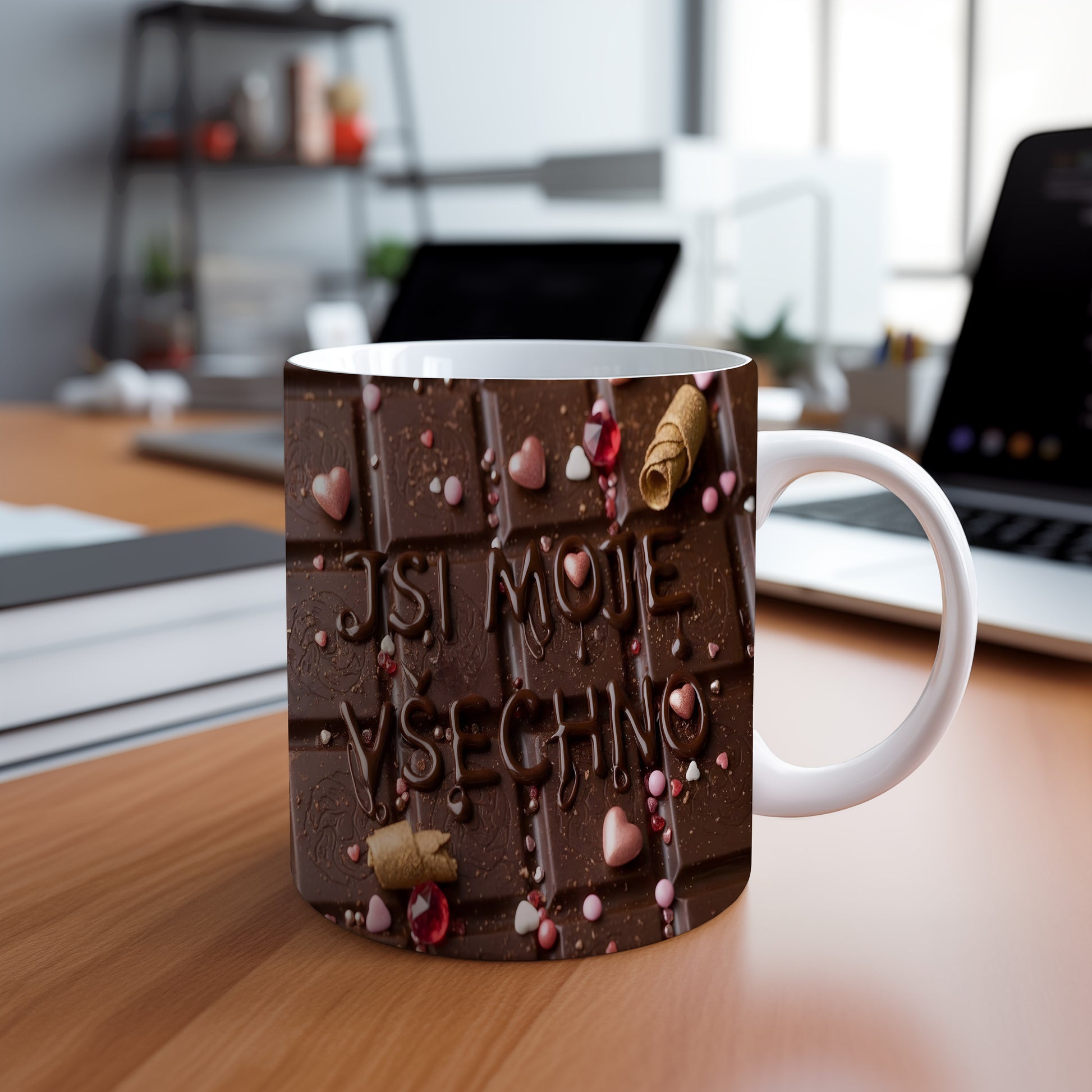 Hrnek s čokoládovým motivem a nápisem Jsi moje všechno.