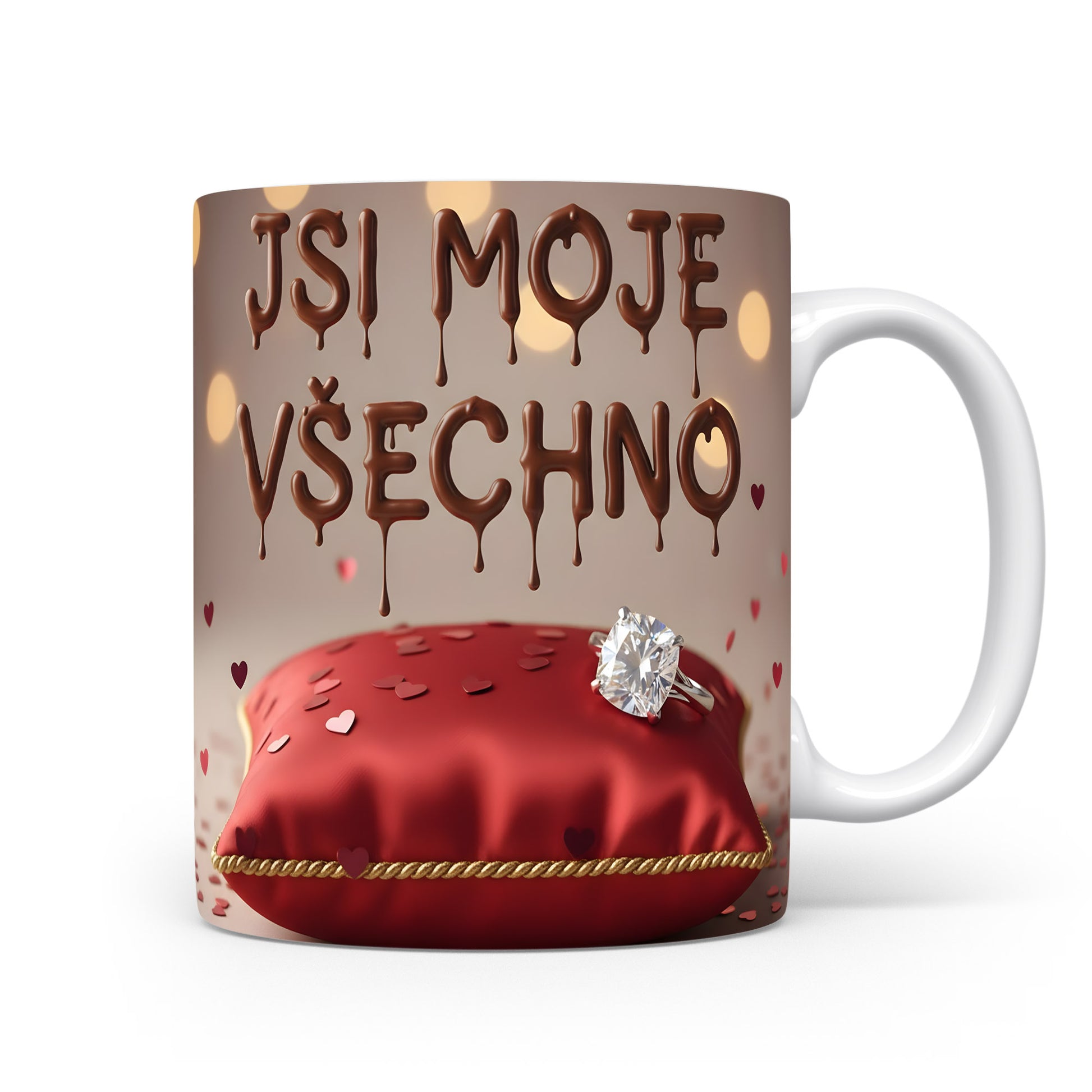 Romantický hrnek s nápisem JSI MOJE VŠECHNO a srdíčky.