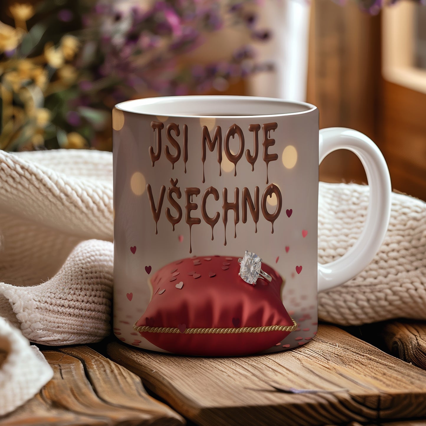 Romantický hrnek s nápisem JSI MOJE VŠECHNO a srdíčky.