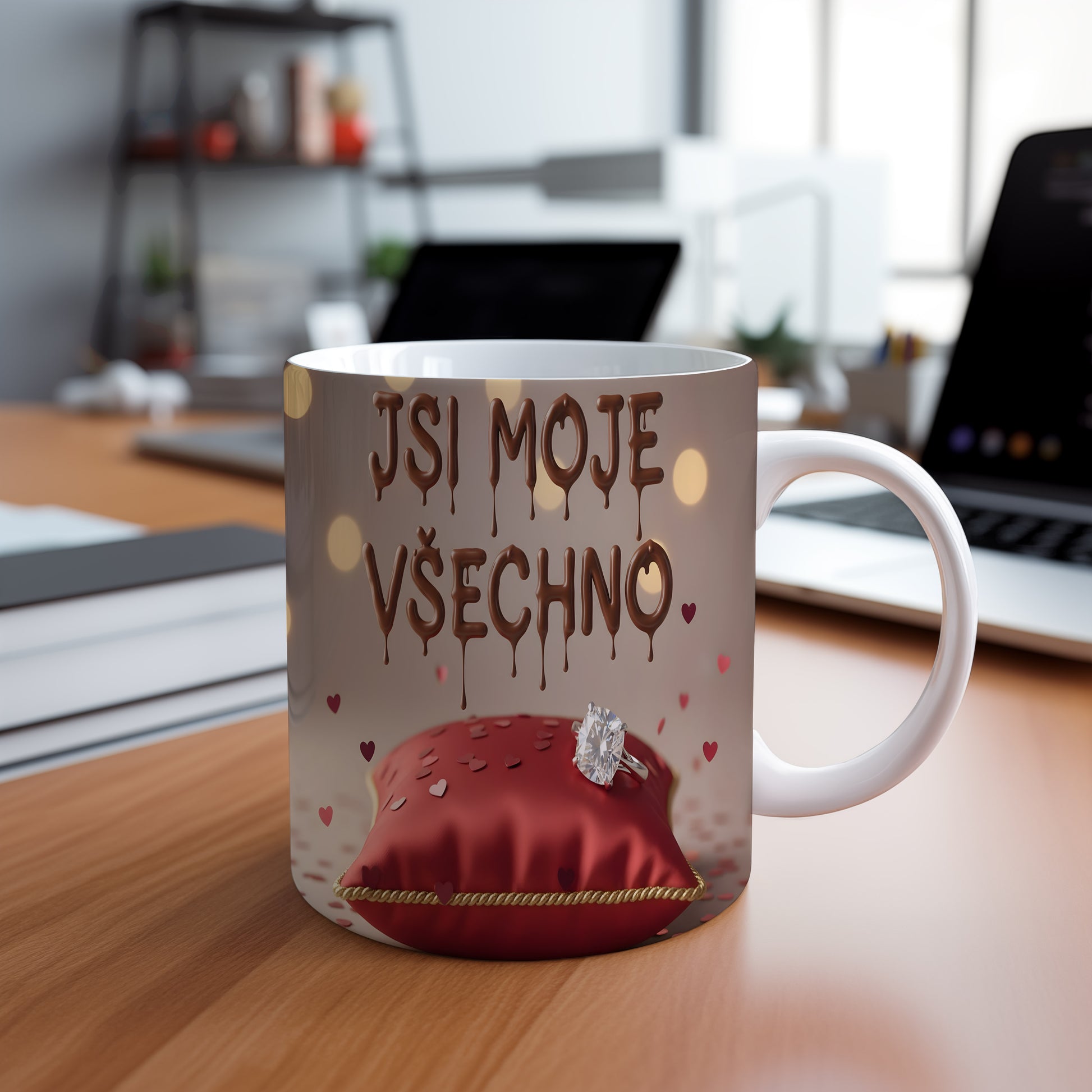 Romantický hrnek s nápisem JSI MOJE VŠECHNO a srdíčky.