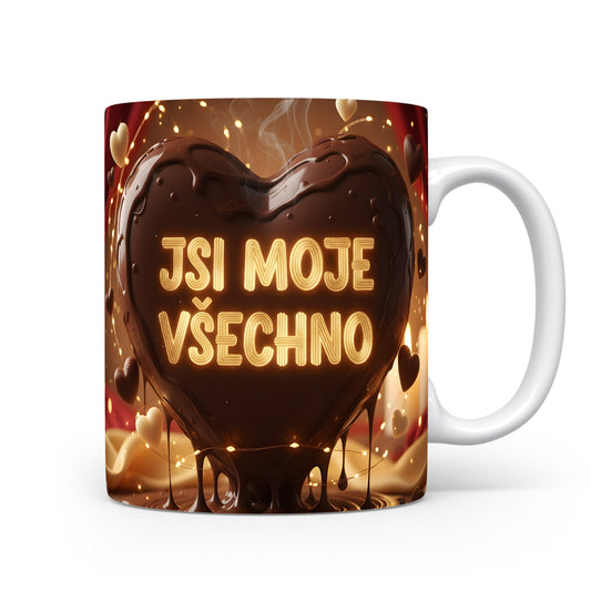 Romantický hrnek s nápisem JSI MOJE VŠECHNO a srdcem.