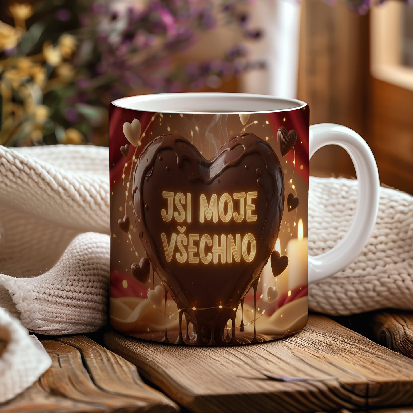 Romantický hrnek s nápisem JSI MOJE VŠECHNO a srdcem.