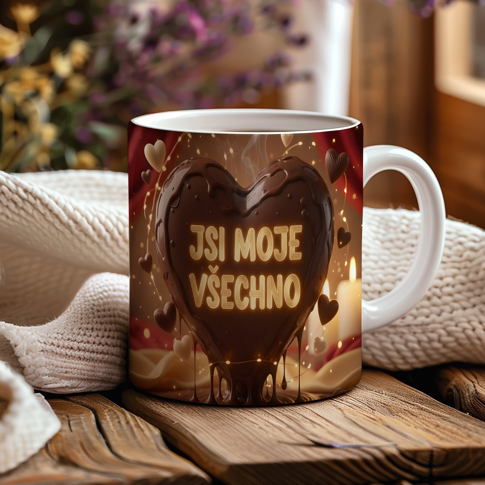 Romantický hrnek s nápisem JSI MOJE VŠECHNO a srdcem.