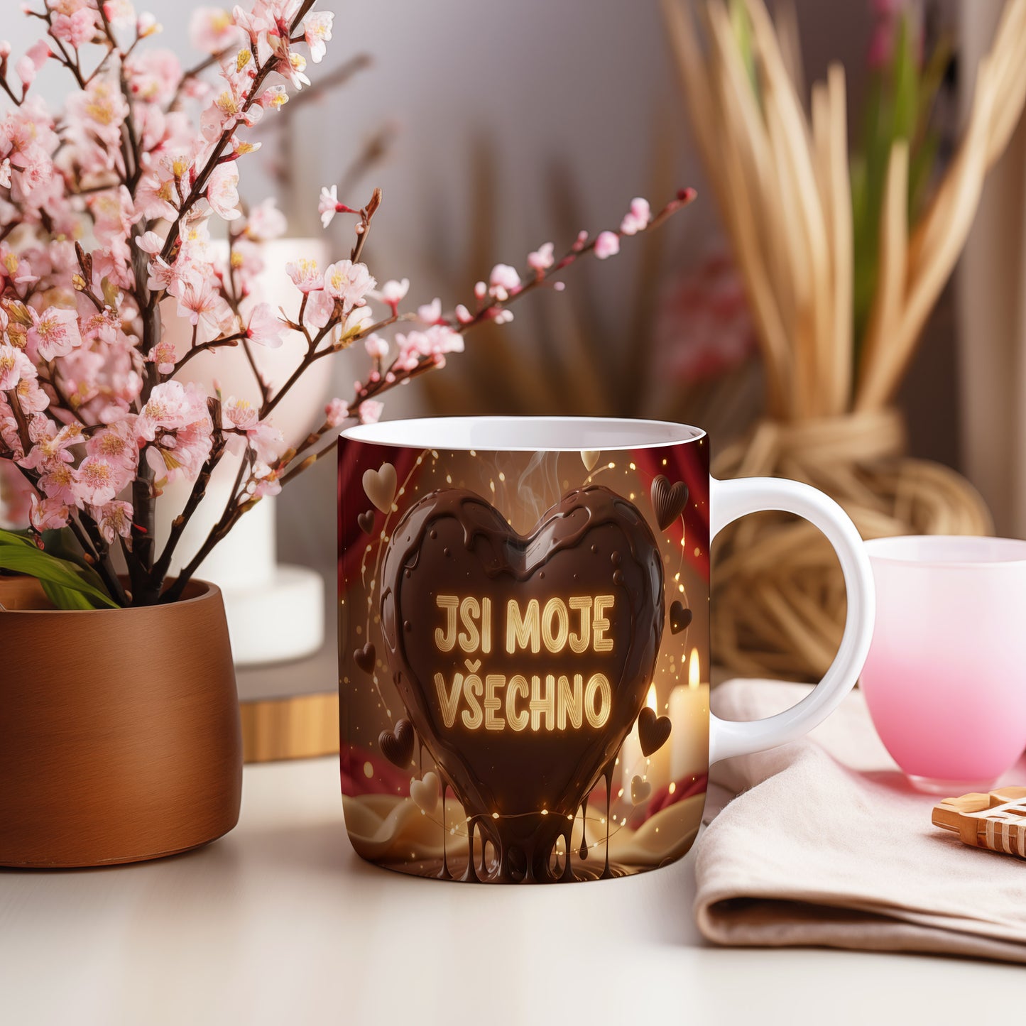 Romantický hrnek s nápisem JSI MOJE VŠECHNO a srdcem.
