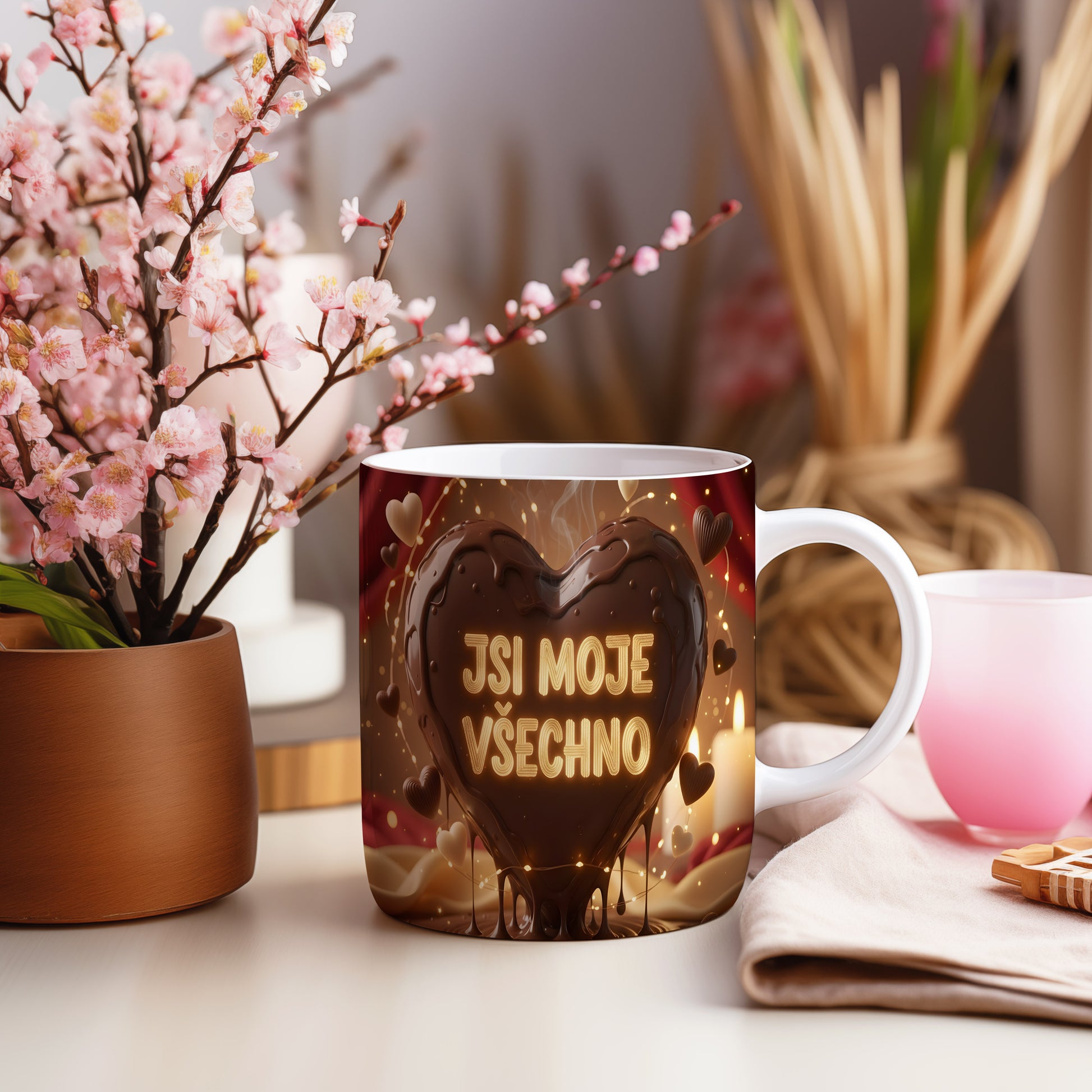 Romantický hrnek s nápisem JSI MOJE VŠECHNO a srdcem.