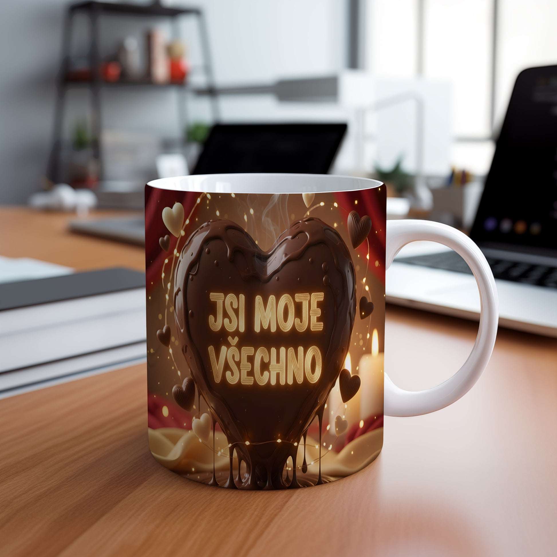 Romantický hrnek s nápisem JSI MOJE VŠECHNO a srdcem.