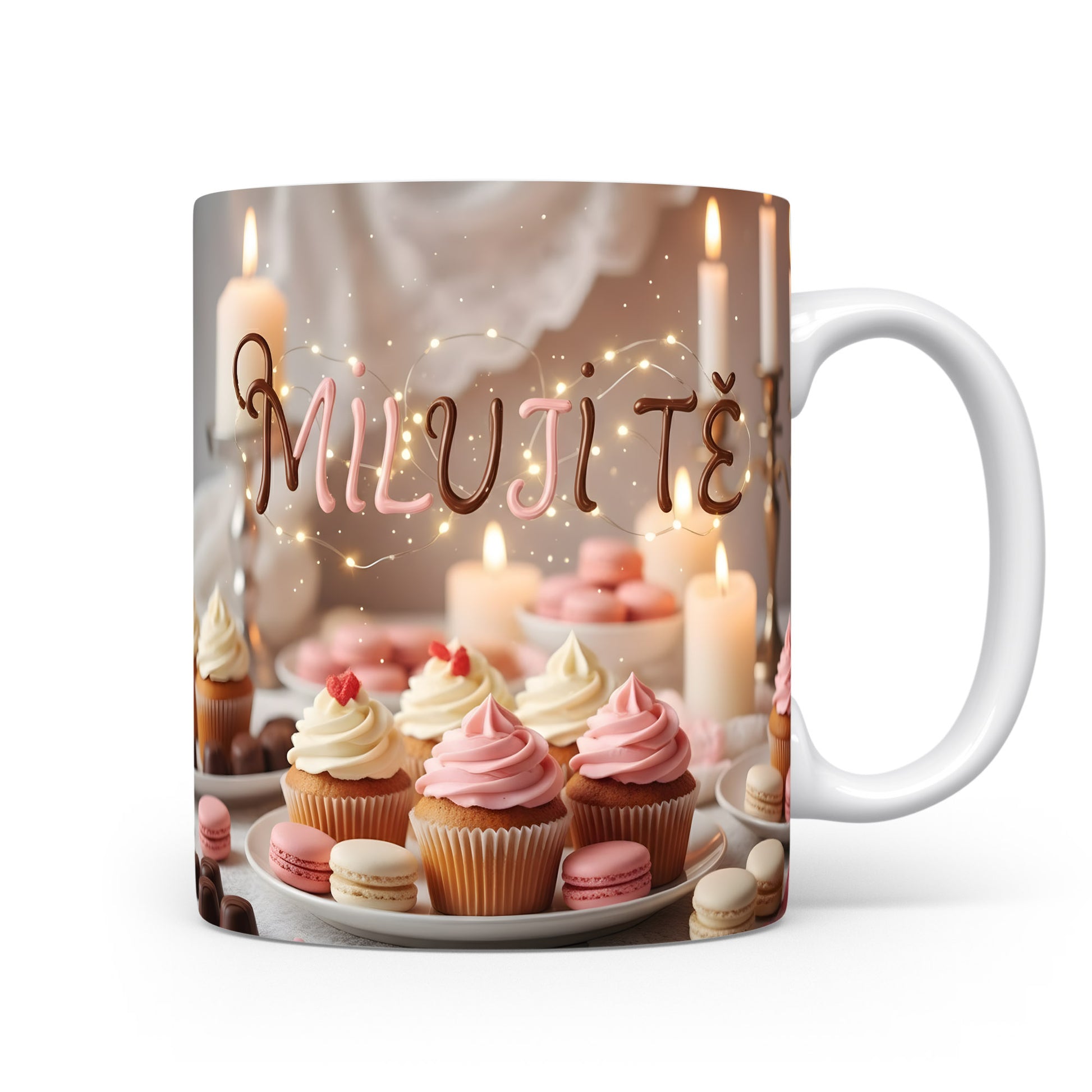 Romantický hrnek s nápisem MILUJI TĚ a dekorací svíček a dortíků.