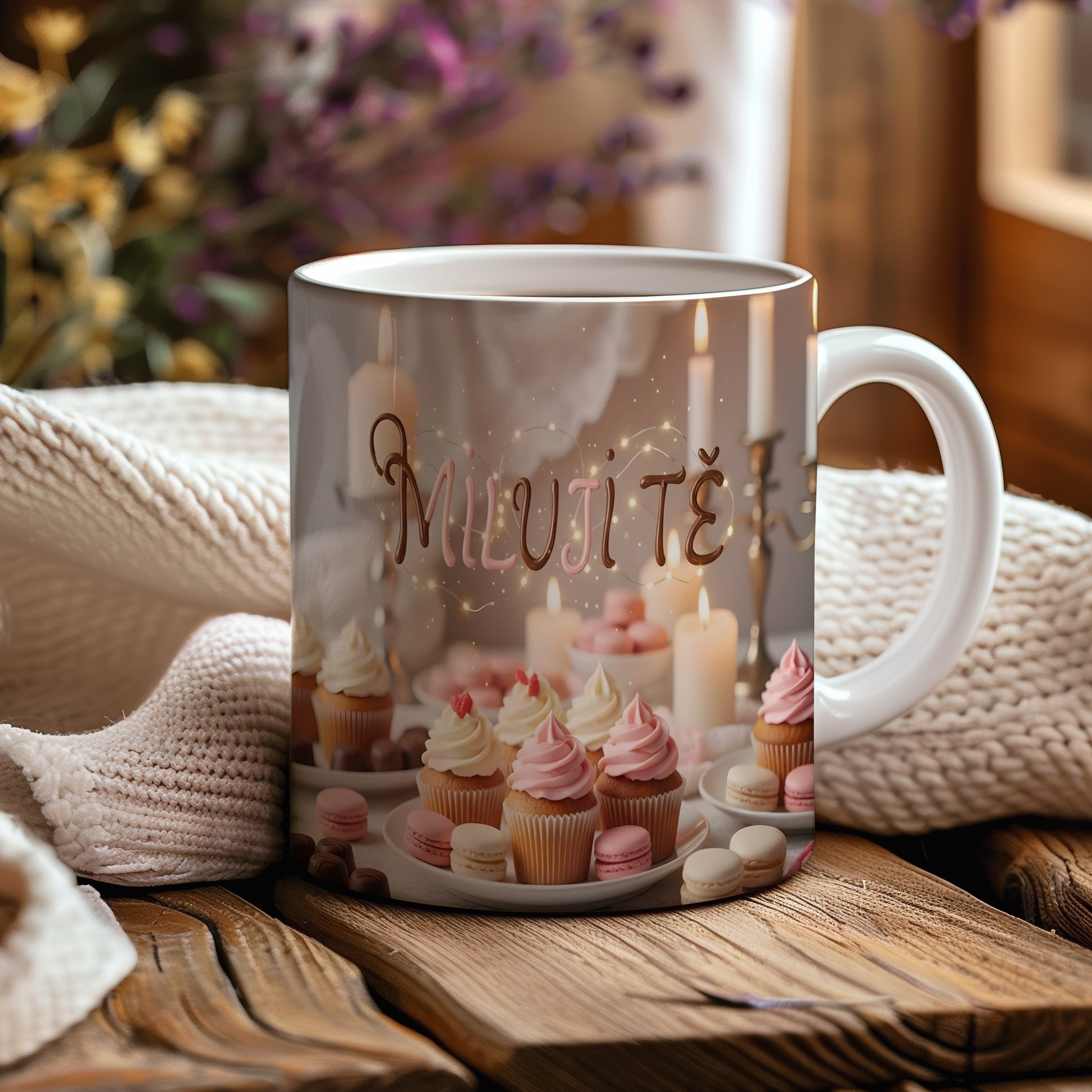 Romantický hrnek s nápisem MILUJI TĚ a dekorací svíček a dortíků.