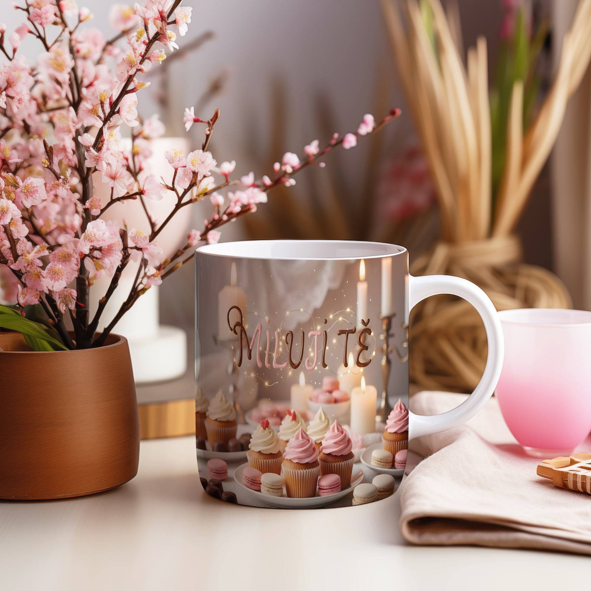 Romantický hrnek s nápisem MILUJI TĚ a dekorací svíček a dortíků.
