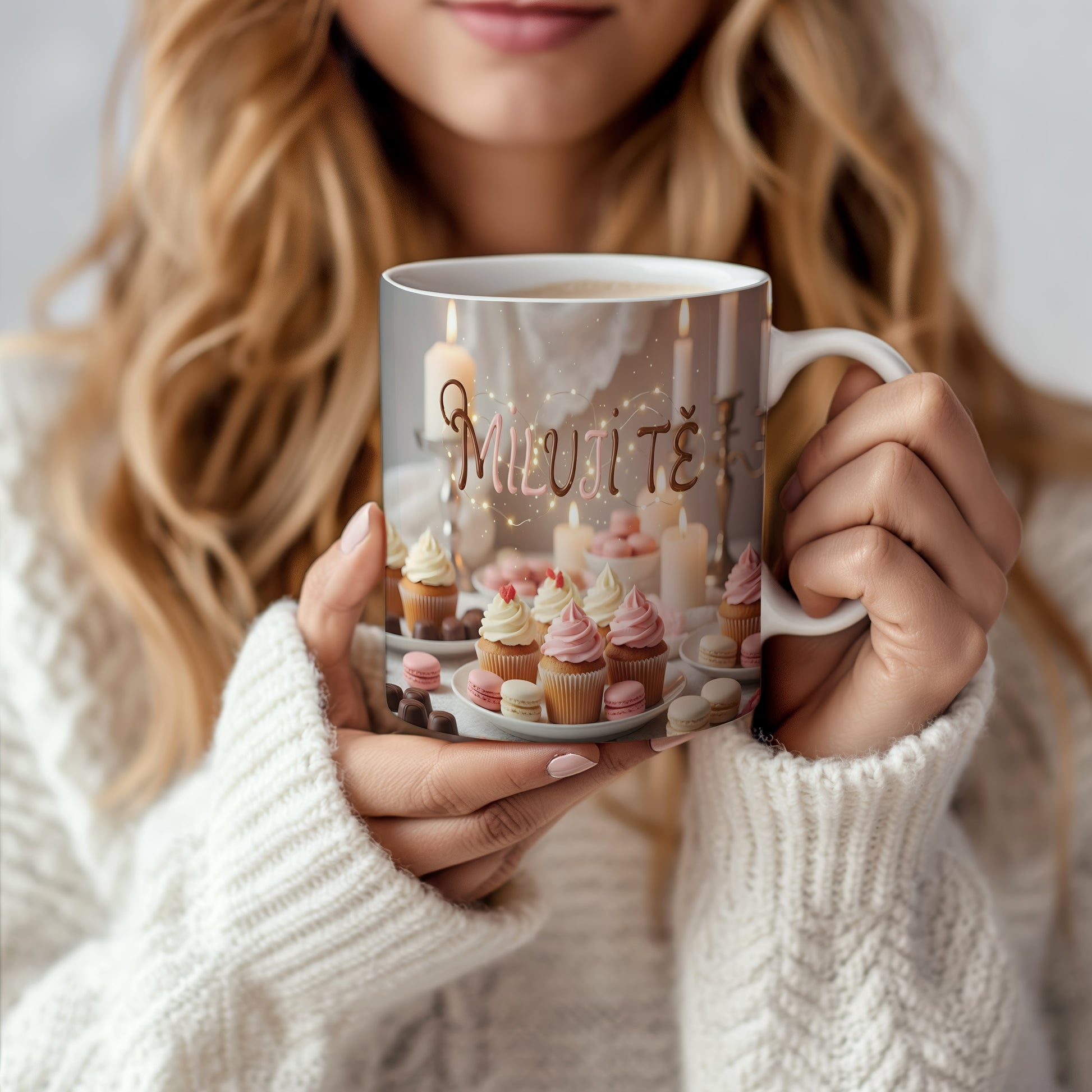 Romantický hrnek s nápisem MILUJI TĚ a dekorací svíček a dortíků.