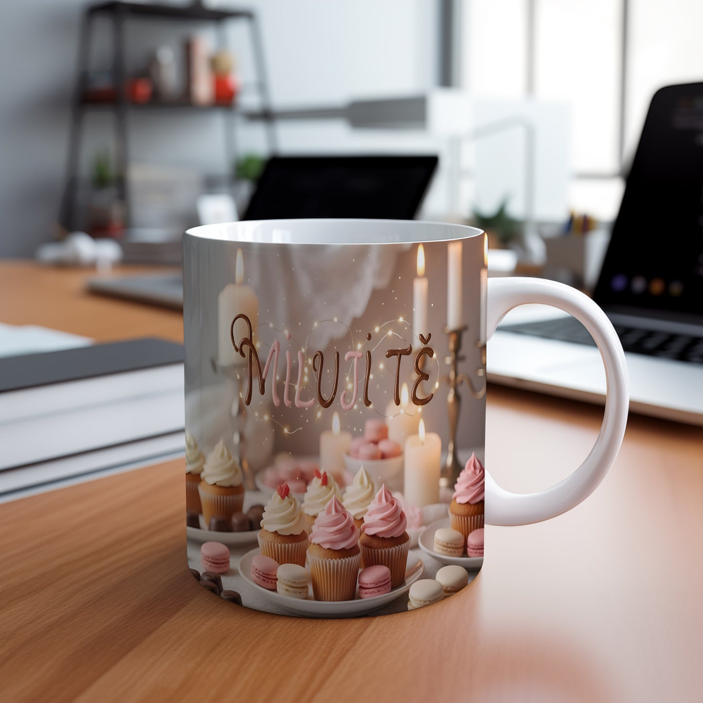 Romantický hrnek s nápisem MILUJI TĚ a dekorací svíček a dortíků.