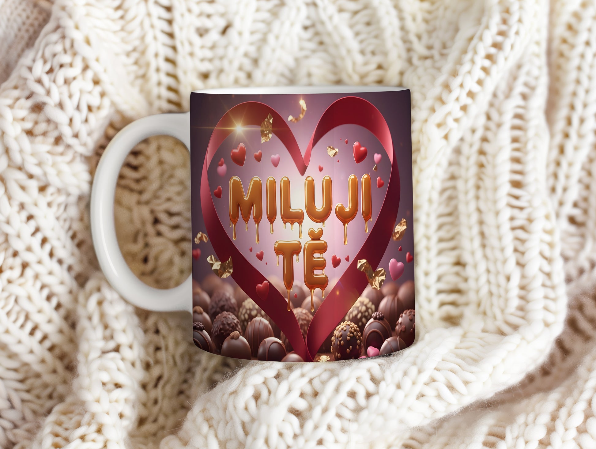 Romantický hrnek s nápisem MILUJI TĚ a srdíčky.